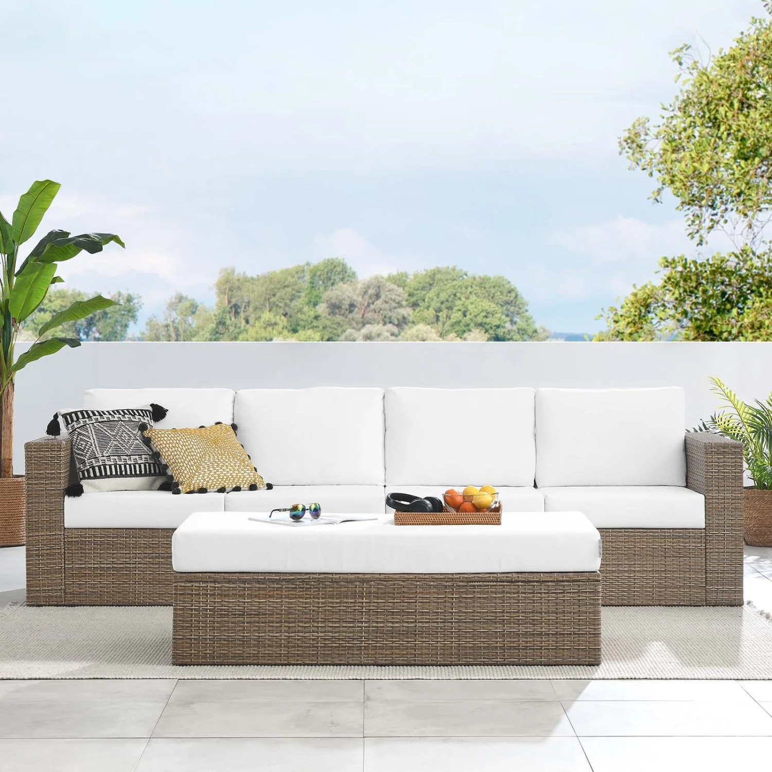 Lounge Sectional Sofa Set, White, Rattan, Wicker, Outdoor Patio Balcony Cafe Bistro Garden Hospitality Restaurant, Modern Contemporary HB34710