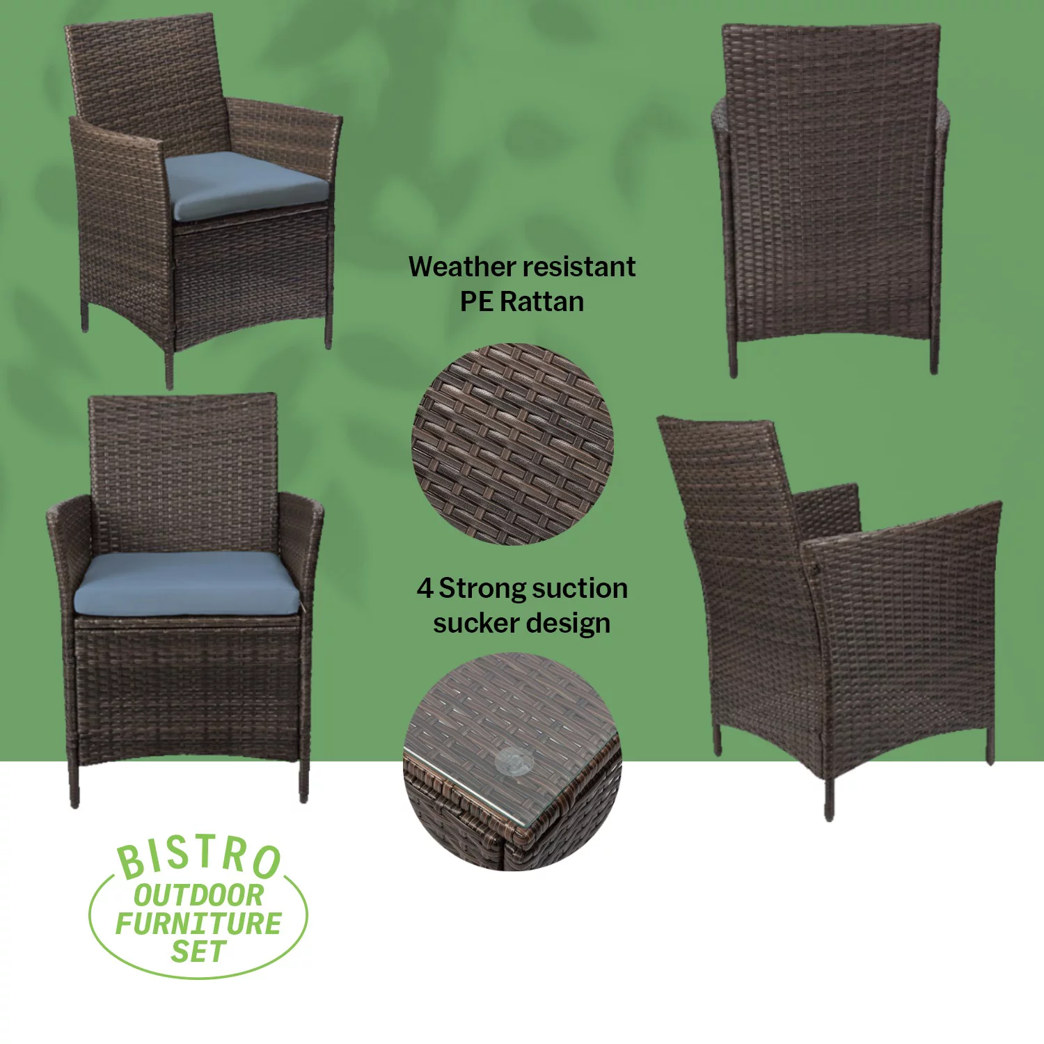 Eval 3 Piece Modern Design Rattan Furniture Set - 2 Durable & Cozy Chairs With a Foldable Coffee Table - Grey