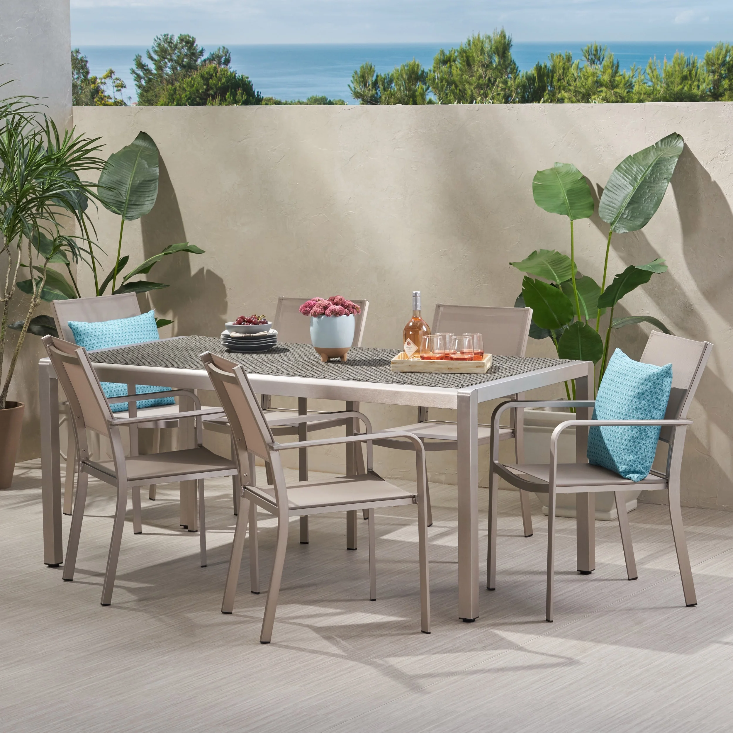 GDF Studio Tonti Outdoor Mesh and Aluminum 7 Piece Dining Set, Gray Wicker, Silver, and Taupe