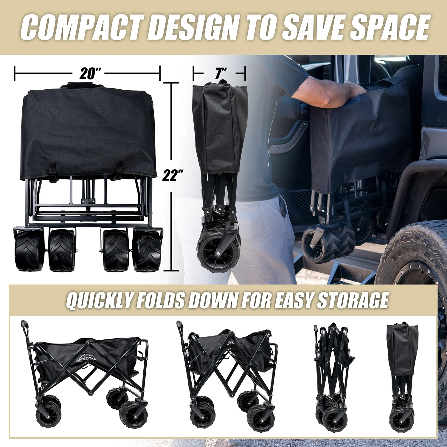 OFFGRID Folding Wagon Cart Heavy Duty Collapsible Steel Frame Utility Garden Wagon Large Capacity 260lbs Adjustable Handle Big Wheels Outdoor Travel Use - Black