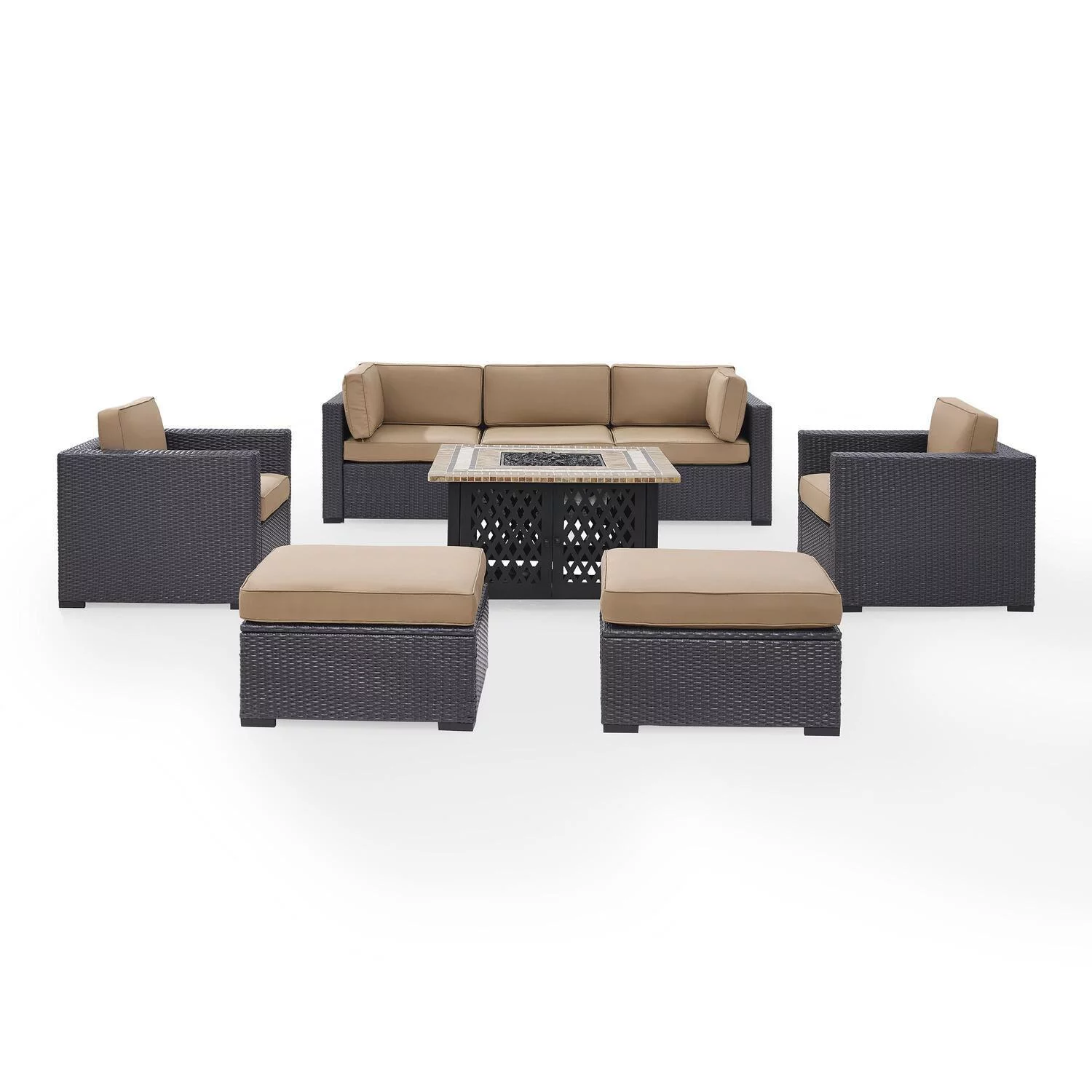 Maykoosh Global Greatness 6Pc Outdoor Wicker Sectional Set W/Fire Pit White/Brown - Ashland Firepit, 2 Loveseats, Armless Chair, & 2 Ottomans