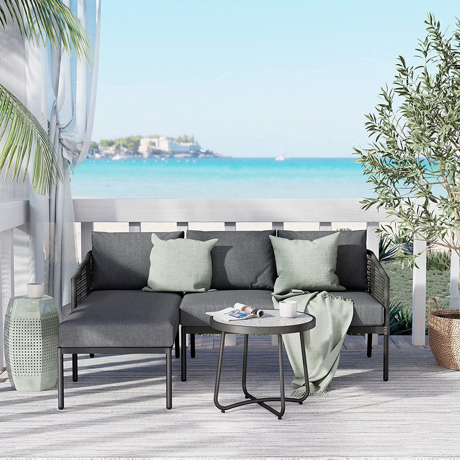 Outdoor  3 Pieces Set  All-Weather Wicker Conversation Set for Patio Garden Backyard with Olefin Cushions  Detachable Lounger and Coffee Table (3 Pieces L-Shaped Sofa Set)