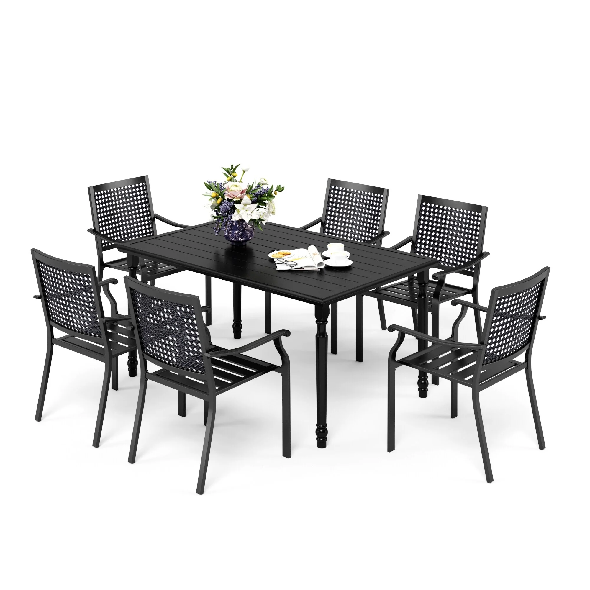 7-Piece Patio Dining Set Metal E-coating of 6 Upgraded Back Pattern Chairs & 1 Umbrella Hole Metal Table Stackable