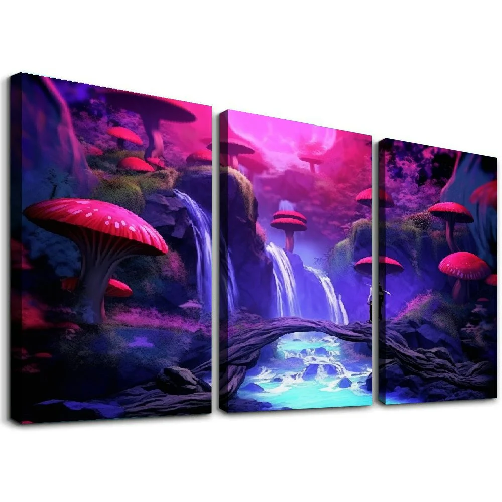 CANFLASHION Waterfall Trees Purple Light Art Wall Decor Canvas Prints 12x16in x3 12x16x3pcs