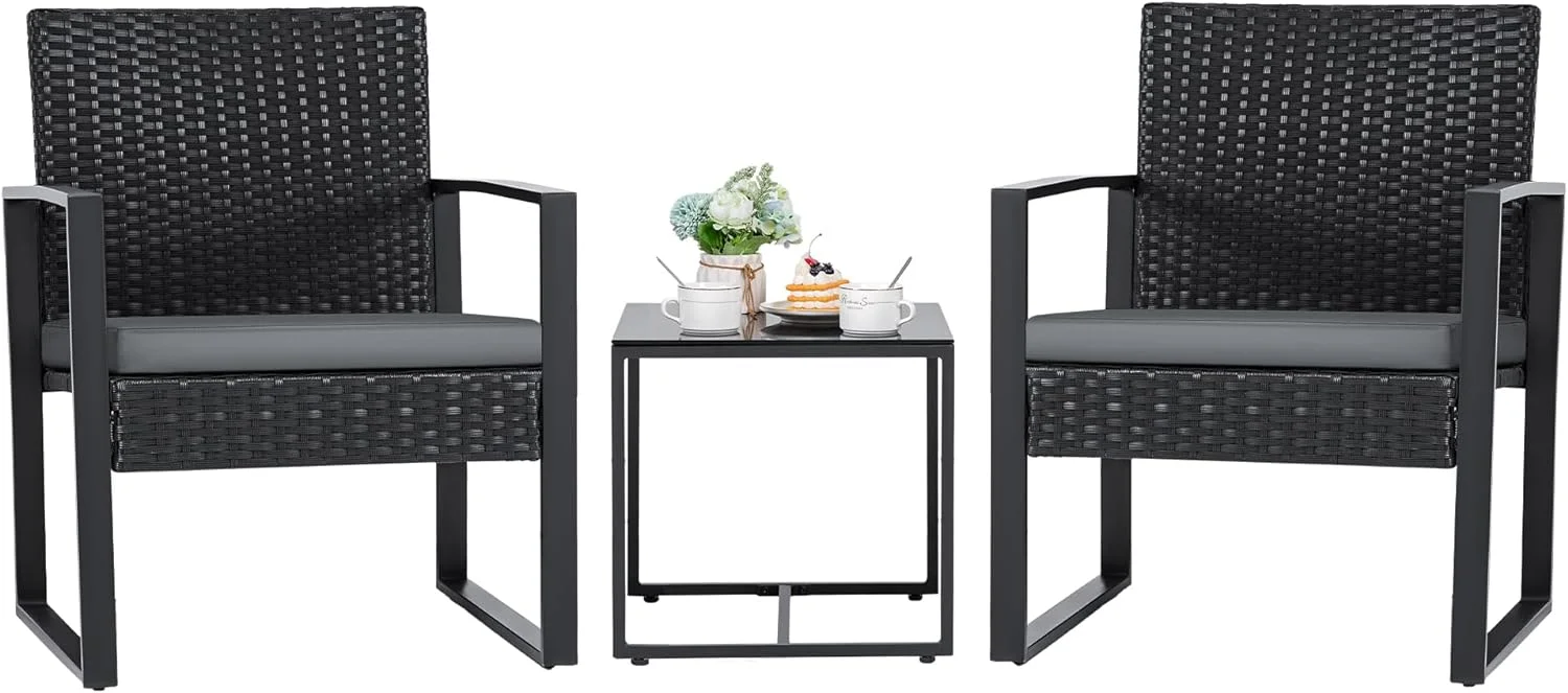 3 Pieces S Set Outdoor Wicker Furniture Modern Bistro Rattan Chair Conversation Sets with Coffee Table for Yard (Grey)