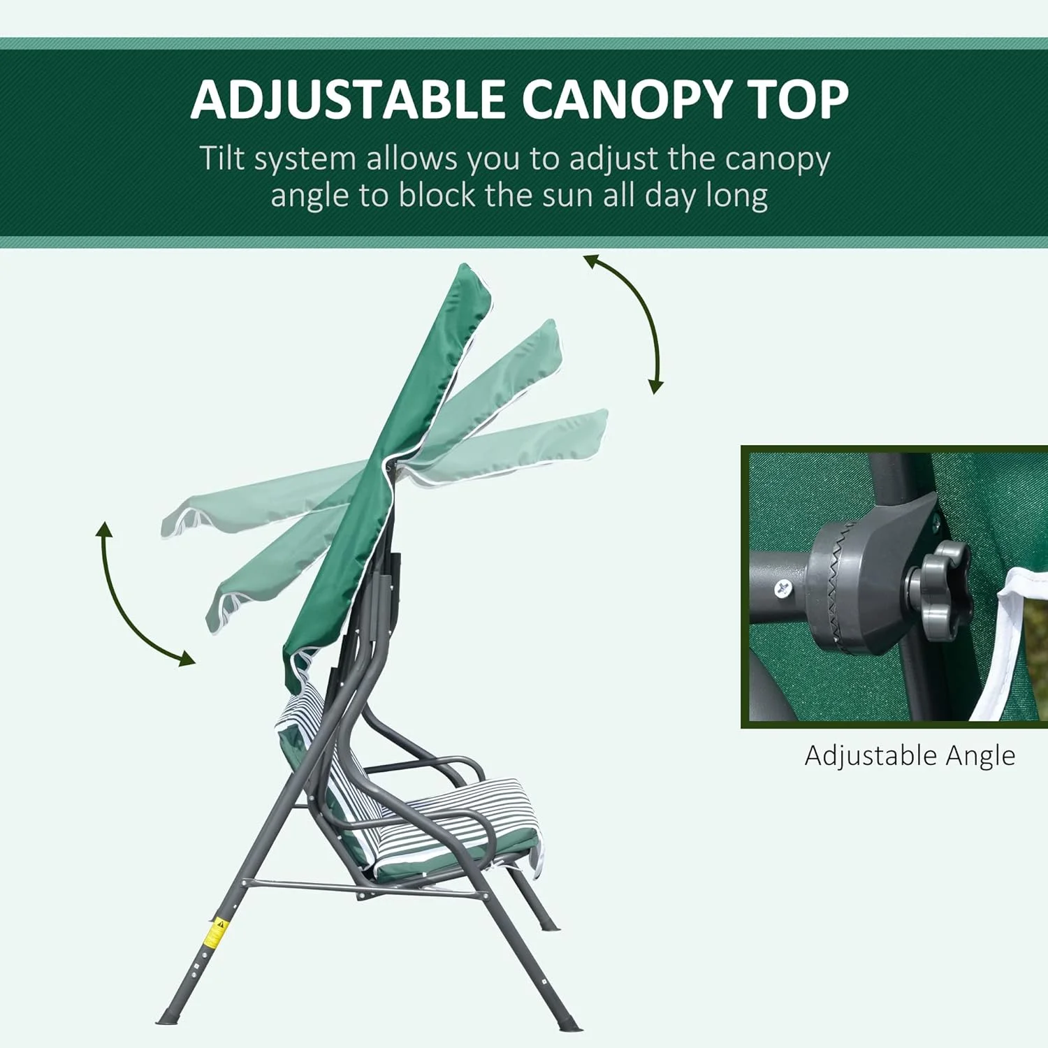 Green 3-Seat Patio Swing: Removable Cushion, Steel Frame, Adjustable Canopy