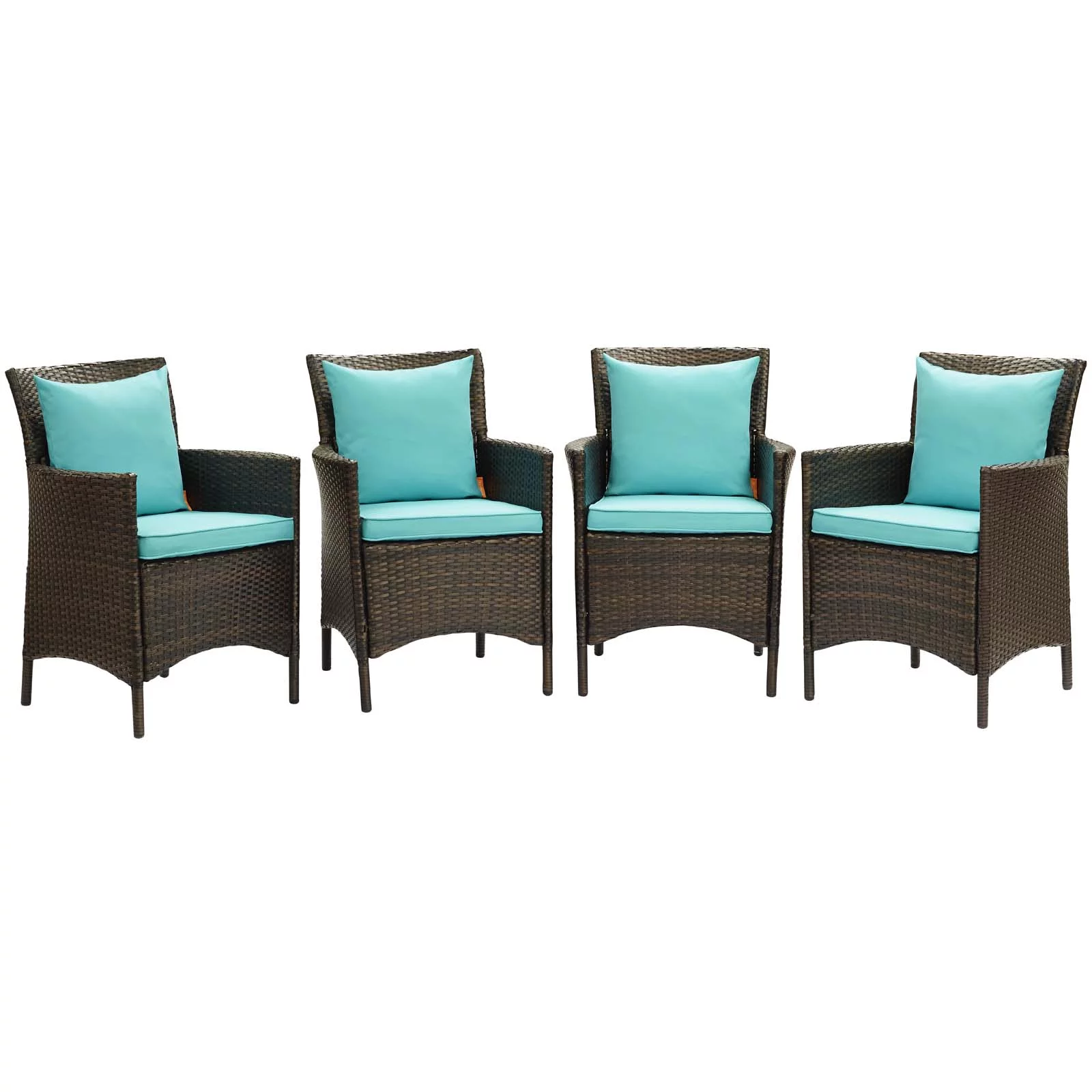 Modway Conduit Outdoor Patio Wicker Rattan Dining Armchair Set of 4 in Brown Turquoise