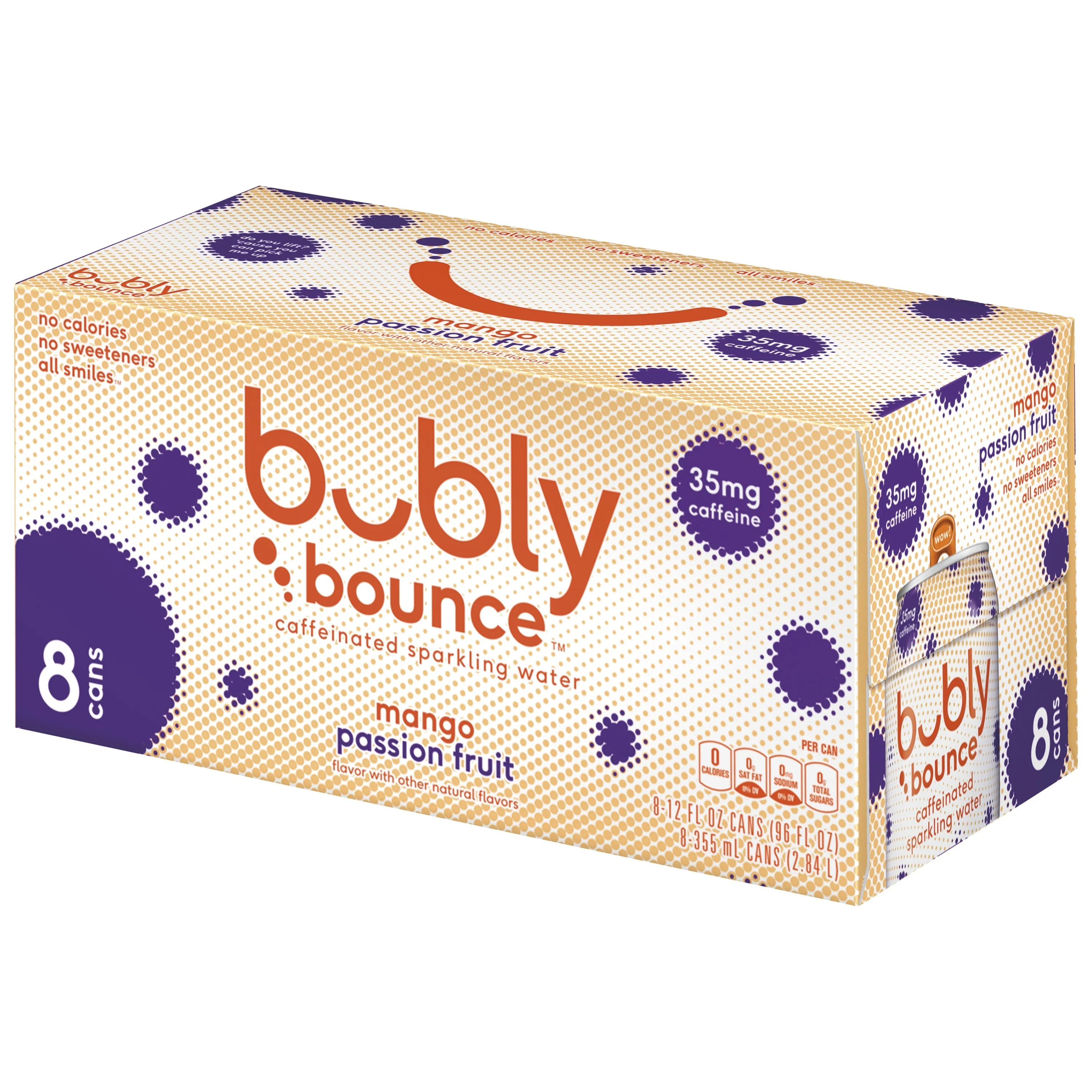 Bubly Bounce Caffeinated Mango Passion Fruit Sparkling Water, 12 fl oz, 8 Pack Cans