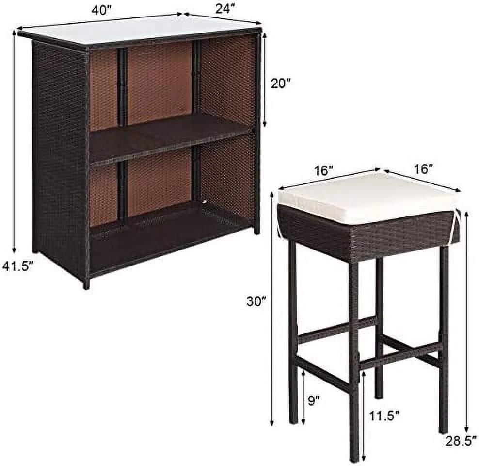 ASDRFYU 3 Pieces Rattan Patio  Table & Stool Set  Patio  Set for Lawn Pool BackyardFront Porch  Dining Set w/Cushion  Turquoise