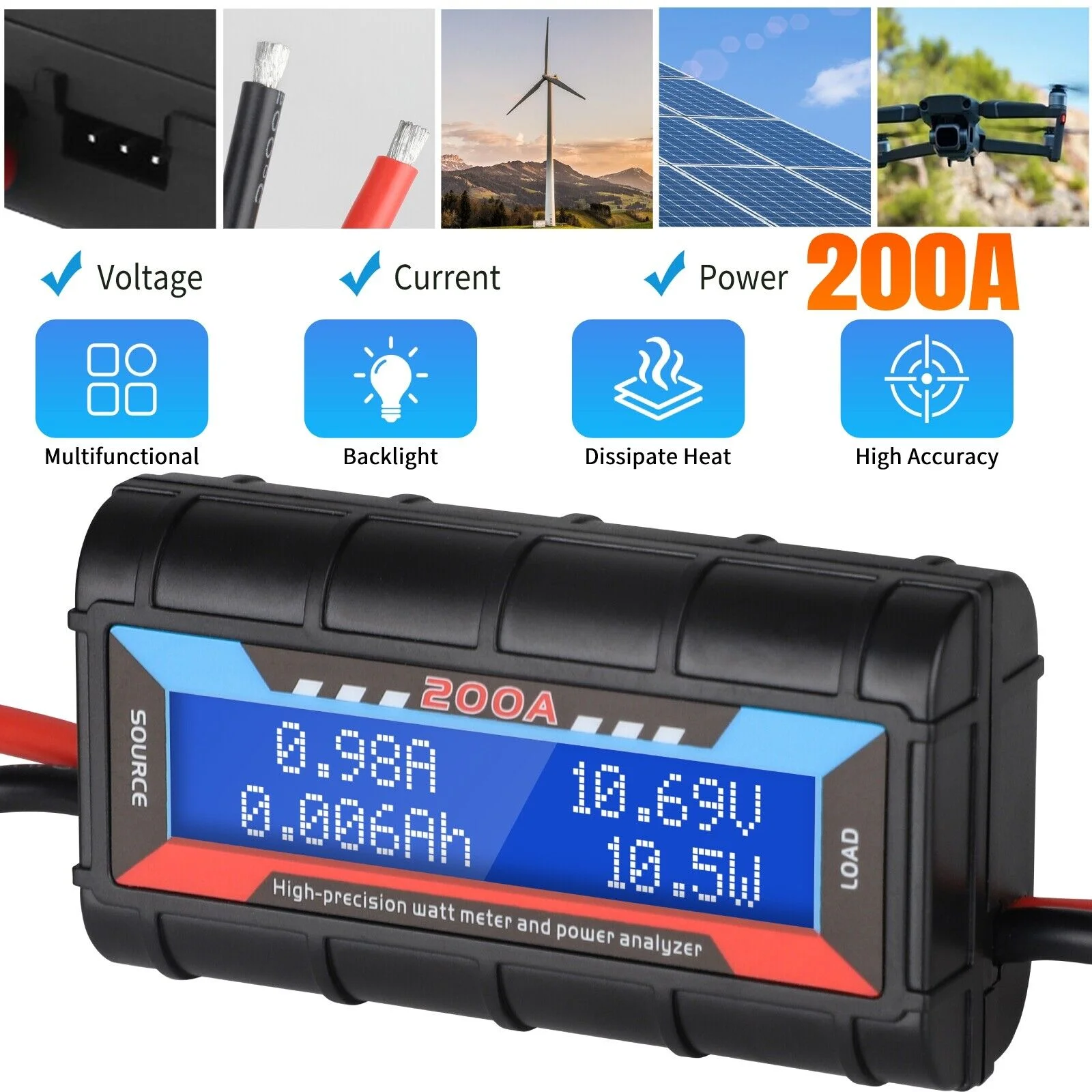 200A 60V DC Digital Monitor LCD Voltmeter Amp Watt Battery Solar Power Analyser