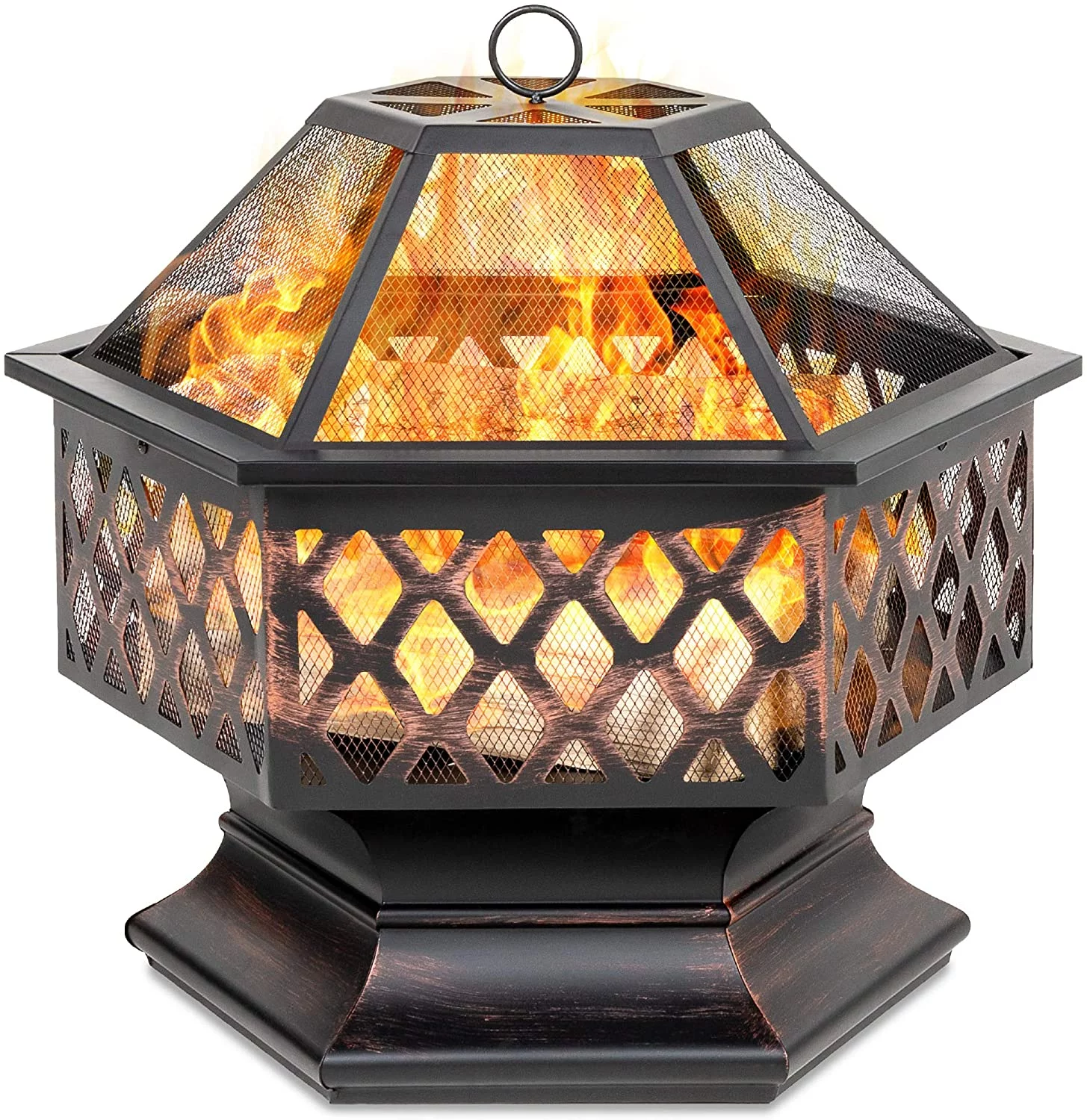 Hex-Shaped 24in Steel Fire Pit, Black Metal Wood Burning Firepit, Portable Hexagon Fire Bowl for Outside, Patio, Backyard w/Flame-Retardant Mesh Lid