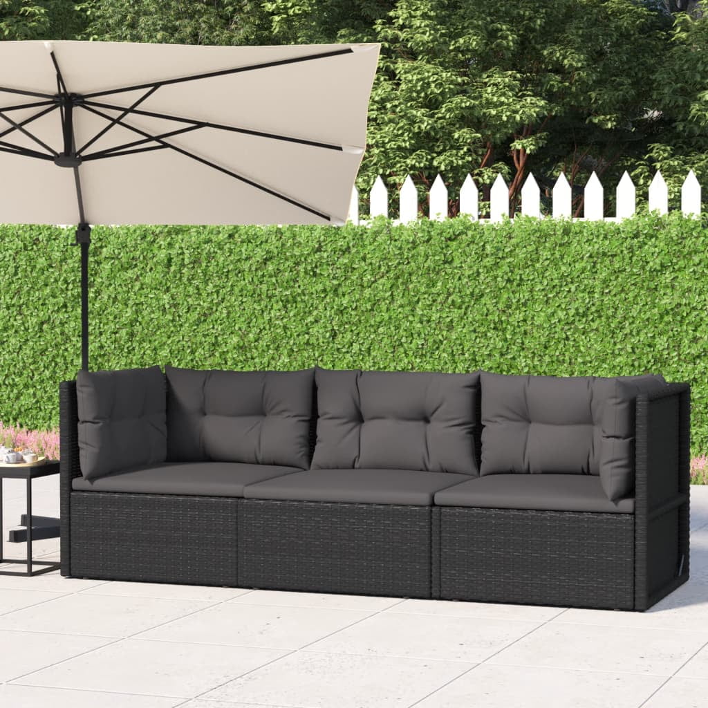 Dcenta 3 Piece Patio Set with Cushions Black Poly Rattan