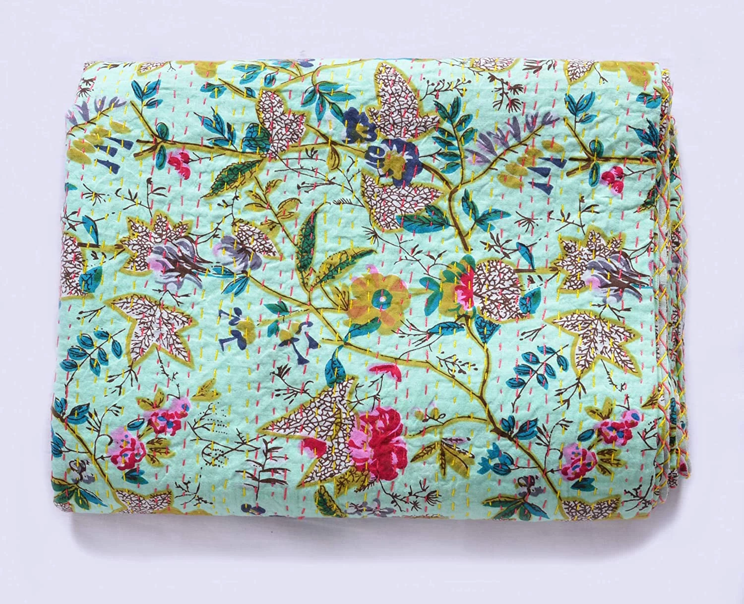 New Floral Print Kantha Quilt King Quilt Inidan Bedspread Kantha Blanket Indian Quilt Cotton Quilt Twin Kantha Bed Cover Queen Quilt