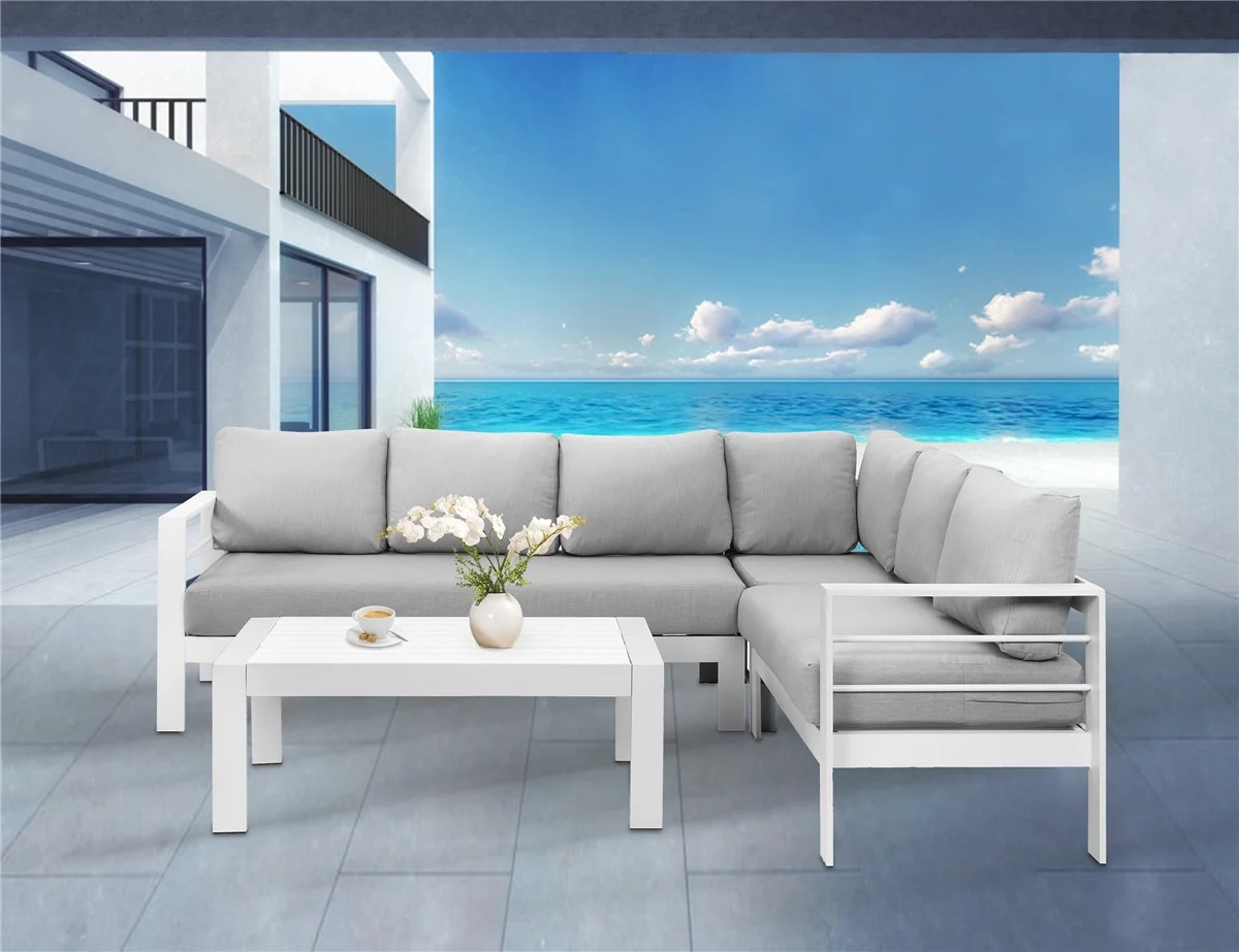 4 Pieces Outdoor Aluminum Furniture Set, Patio Sectional Sofa Couch - Conversation Set with Coffee Table and Sofa, White