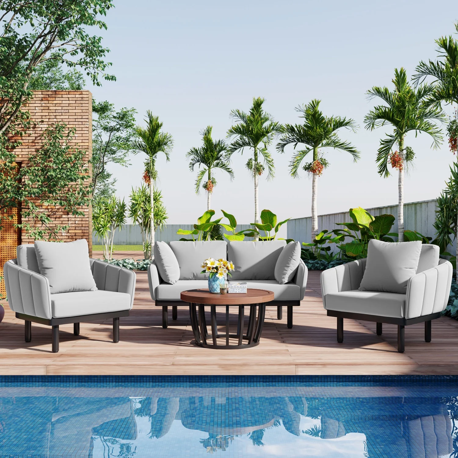 Luxurious Elegant TOPMAX Modern Outdoor Iron Frame Conversation Set with Acacia Wood Round Coffee Table - 4-Piece High-End Patio Chat Set for Backyard  Deck  Poolside  Indoor Use - Gray L