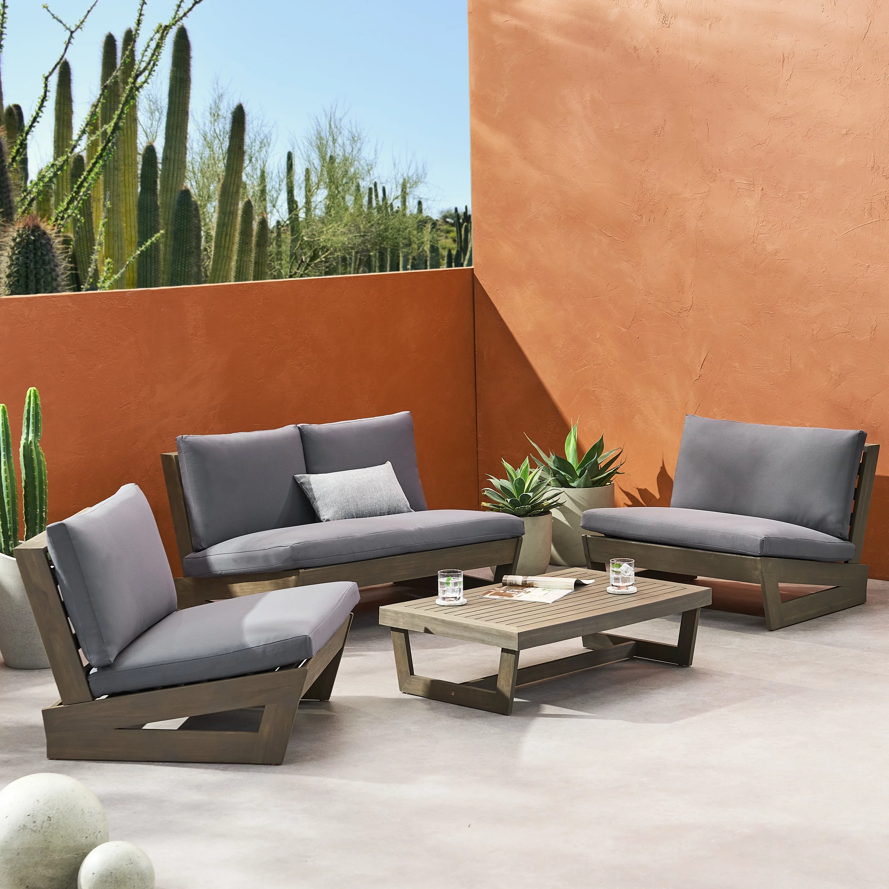 GDF Studio Elloree Outdoor Acacia Wood 4 Seater Chat Set with Cushions, Gray and Dark Gray