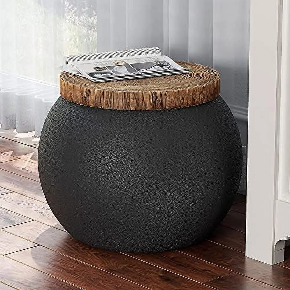 YPADLBC Decorative   Hourglass Concrete End  with Faux Wooden Desktop   Stool  Plant Stool for Patio Garden