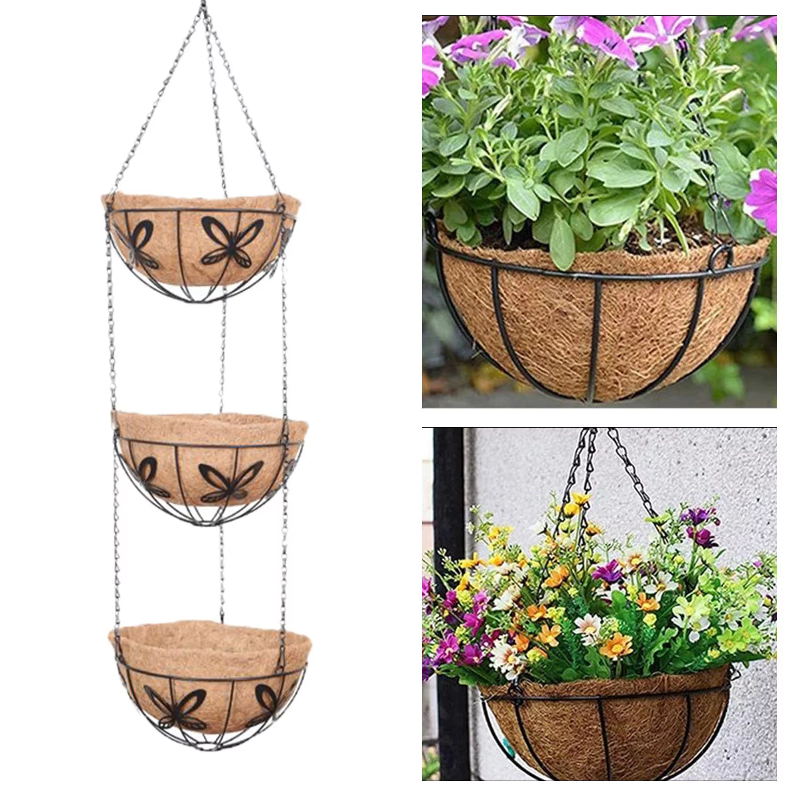 3 Tier Hanging Basket with Coconut Liner Flower Pot Round with Hanging Chain 10 Butterfly