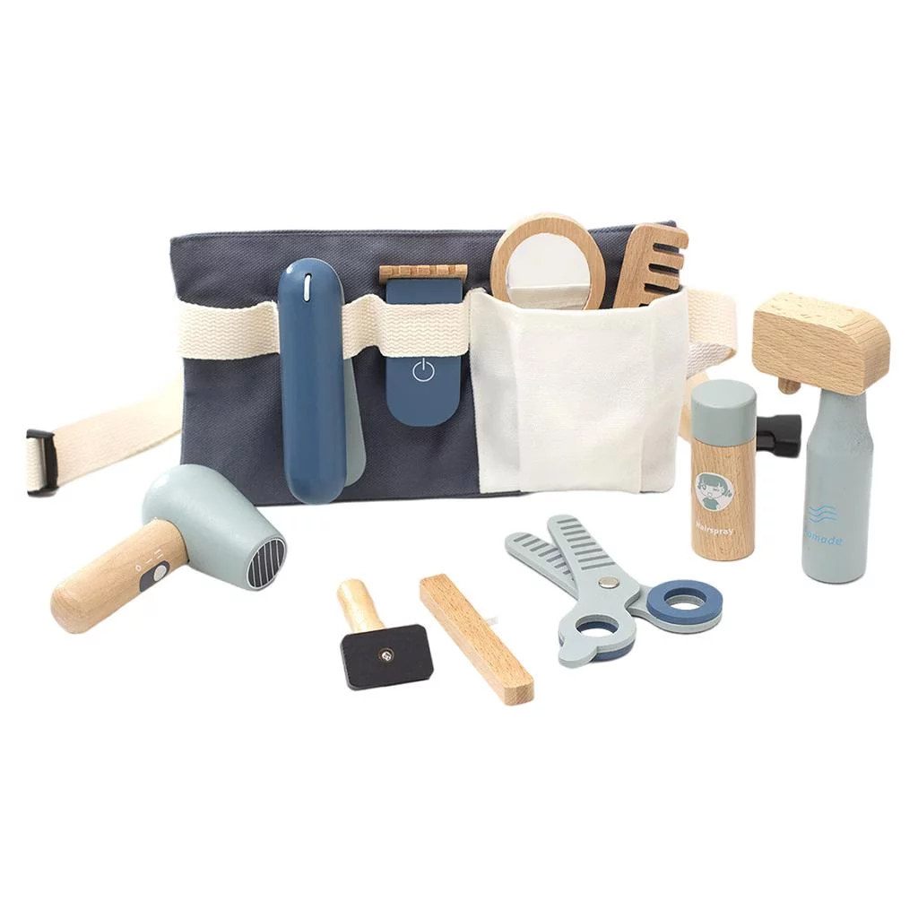 11 Pieces Simulation Wooden Beauty Salon Toys Pretend Play Mirror and Cosmetics Case Hairdresser Toys Styling Tools with Hair Dryer , Salon