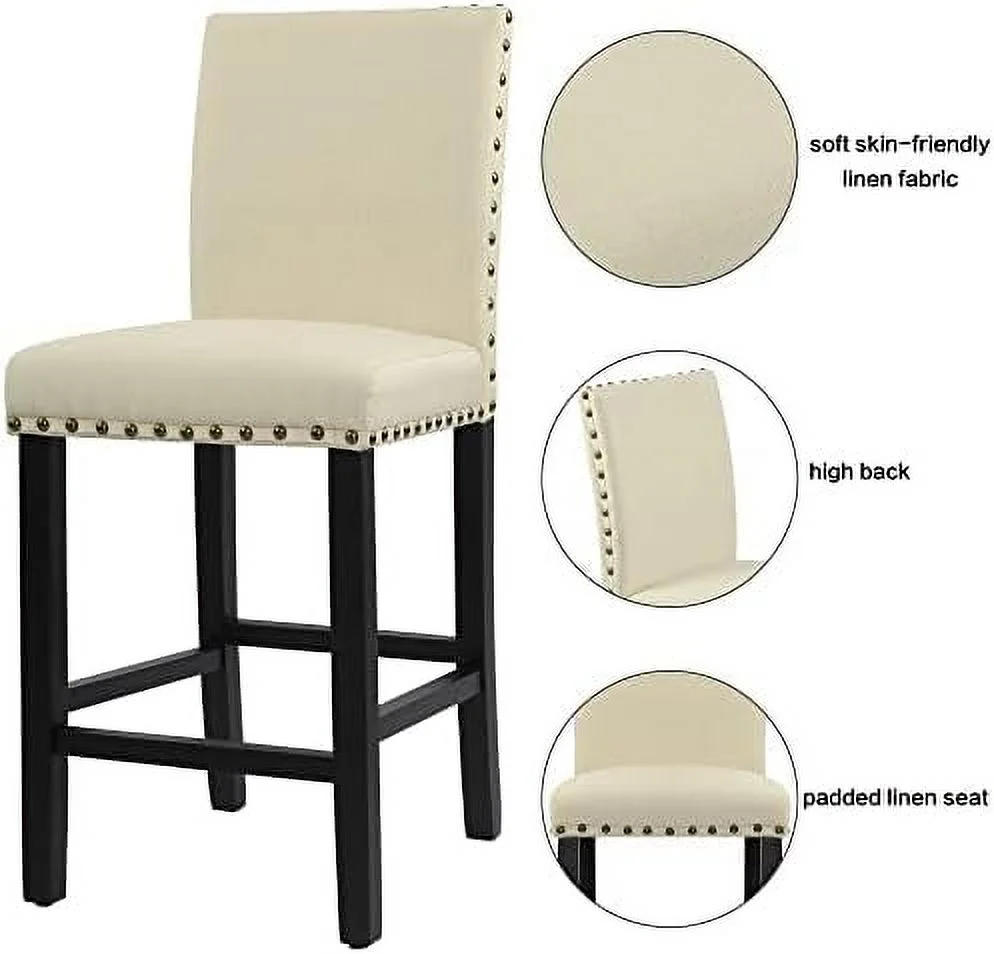 HYHBIBOOM Nailhead 24 Inches Counter Height Stools Upholstered  Stools with Solid Wood Legs   (Beige)