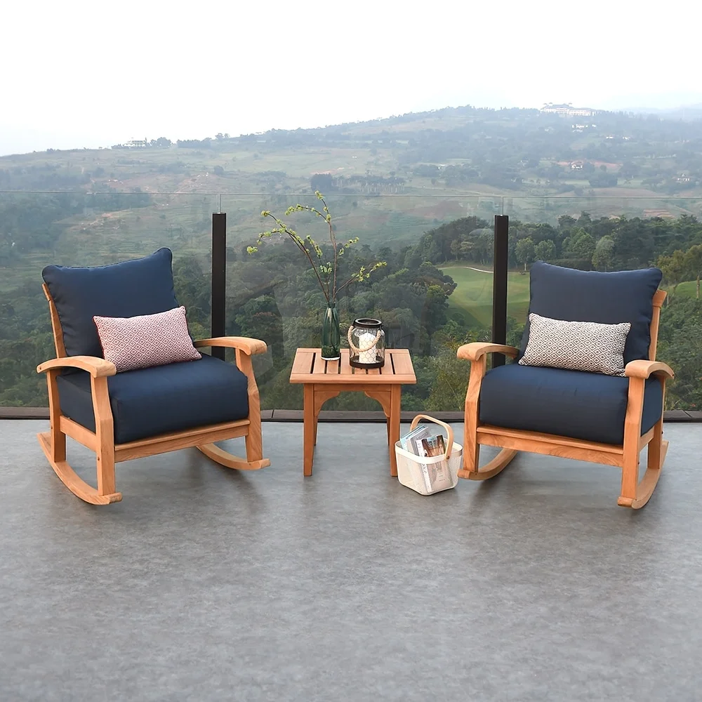 Havenside Home Leon 3-piece Teak Patio Chat Set with Cushion by  Weathered Teak/Blue Spruce Cushion