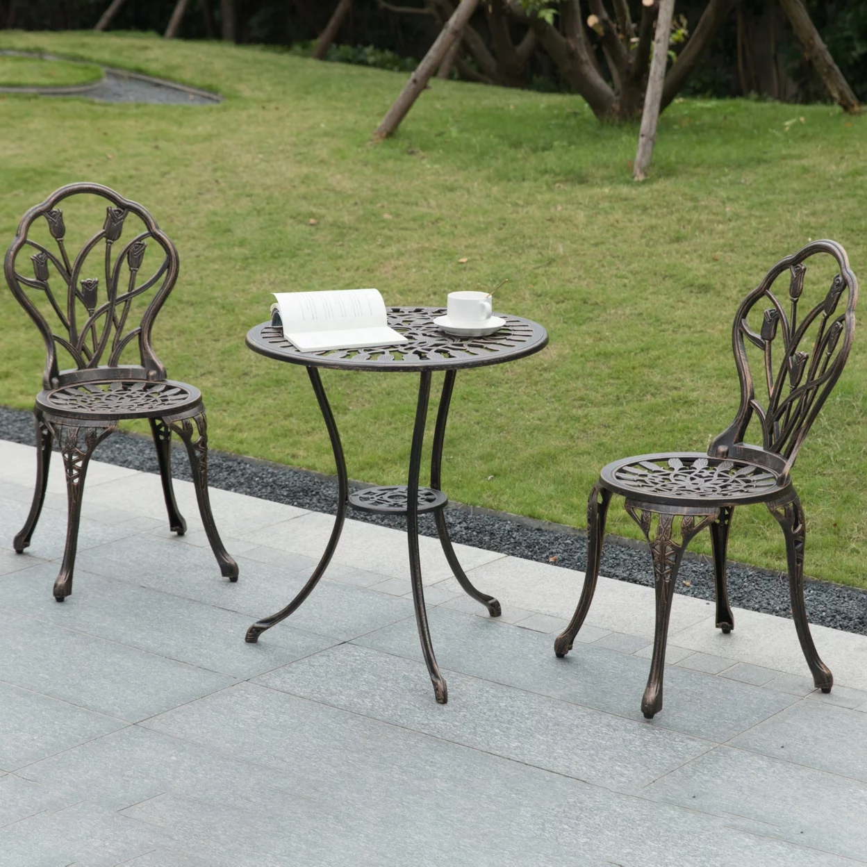 Indoor and Outdoor Bronze Dinning Set 2 Chairs with 1 Table Bistro Patio Cast Aluminum.