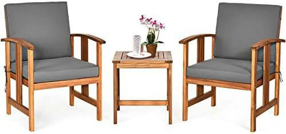 HBLUKDL 3 Pieces Patio  Set  Includes  Outdoor Acacia Wood Cushioned Chairs and Coffee Table  for Garden  Backyard  Poolside  Bistro and Deck  Patio Conversation Chat Set (Gray)