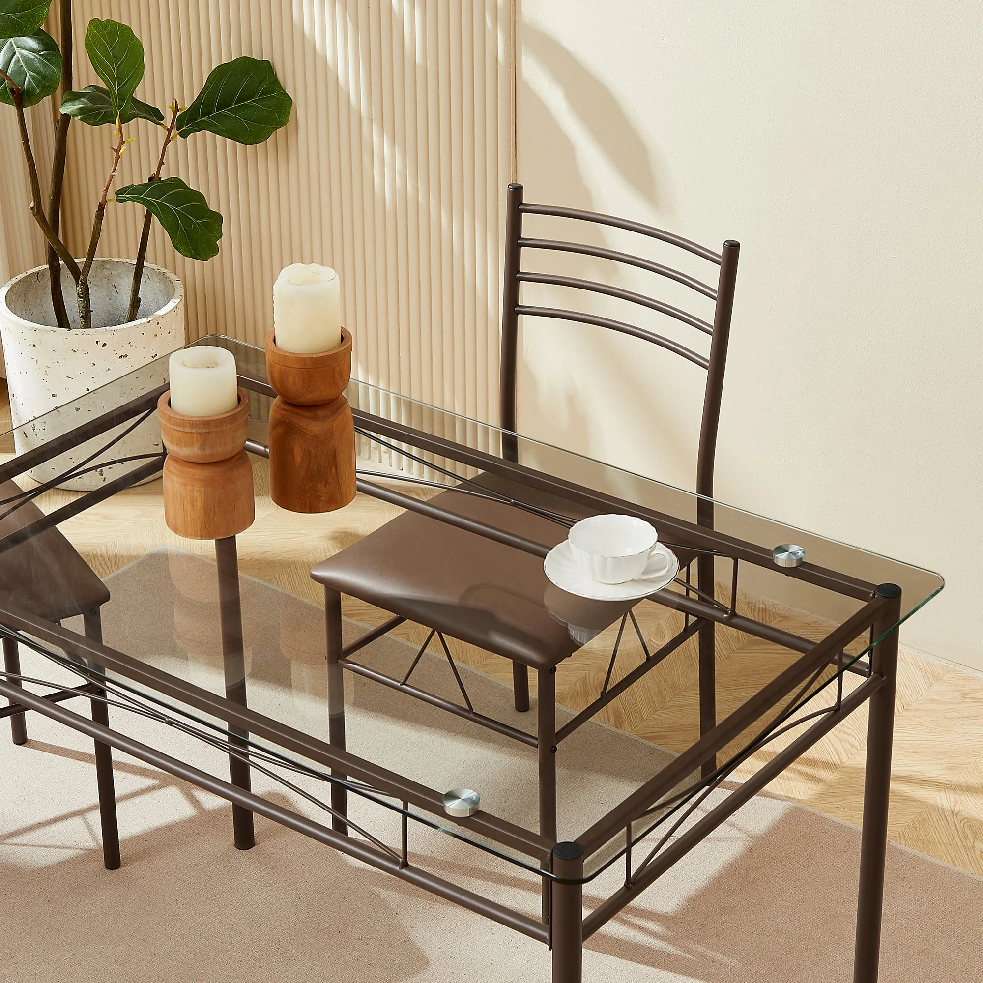 VECELO 5-Piece Dining Table Set, Kitchen Dining Room Table and 4 Chairs, Glass Table Top with Metal Frame, Space Saving, Brown