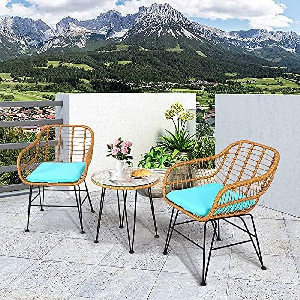 TQNJYGX 3 Pieces Rattan  with Steel Frame Round Coffee Table  Soft Cushions  Rattan Bistro  Set