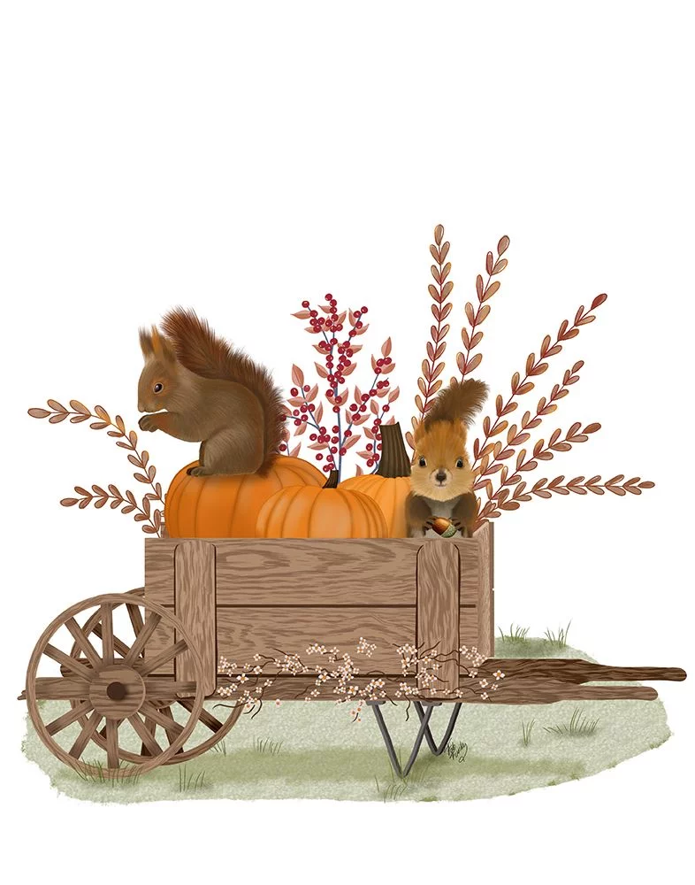 Fab Funky 12x14 Black Ornate Wood Framed with Double Matting Museum Art Print Titled - Squirrels In Pumpkin Wheelbarrow