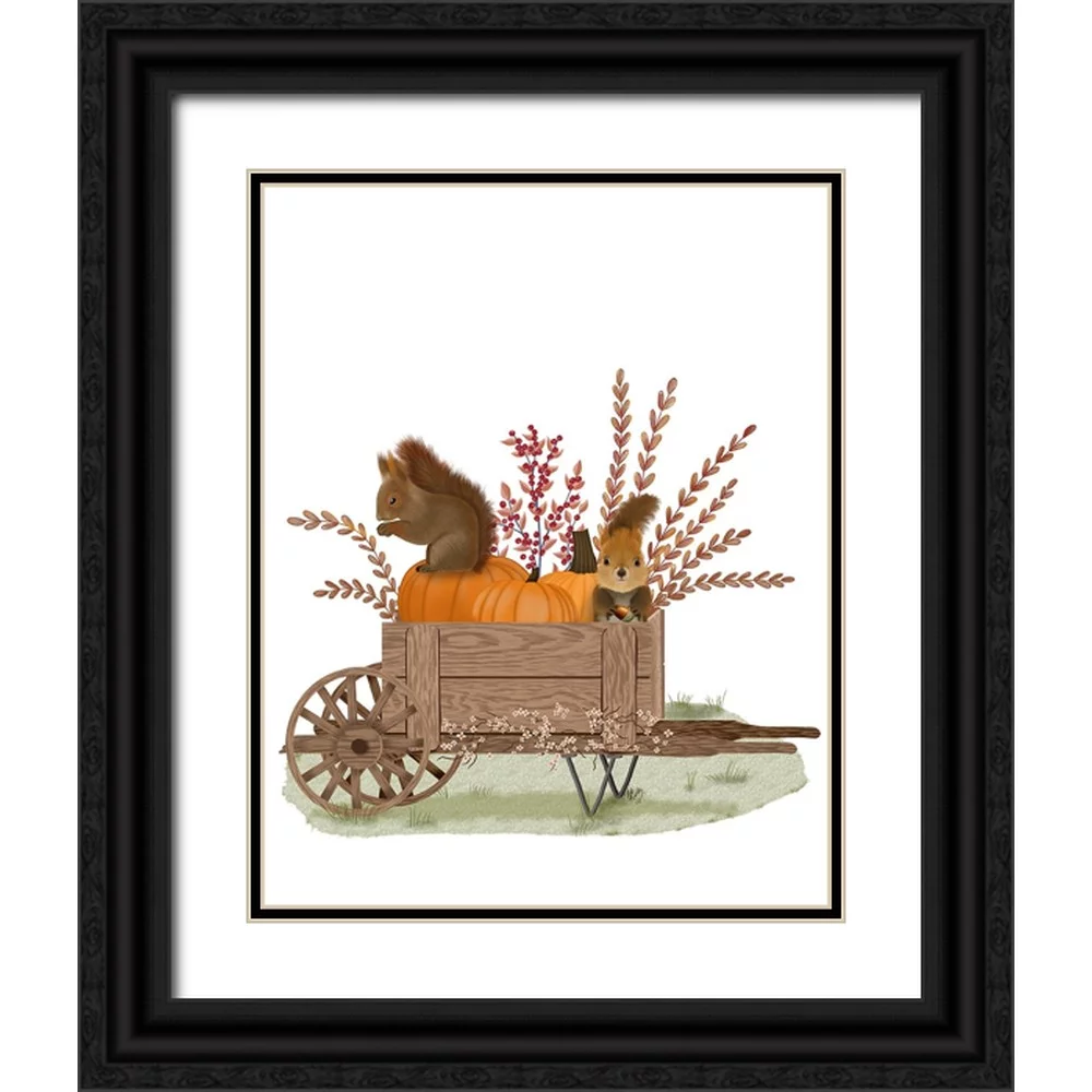 Fab Funky 12x14 Black Ornate Wood Framed with Double Matting Museum Art Print Titled - Squirrels In Pumpkin Wheelbarrow