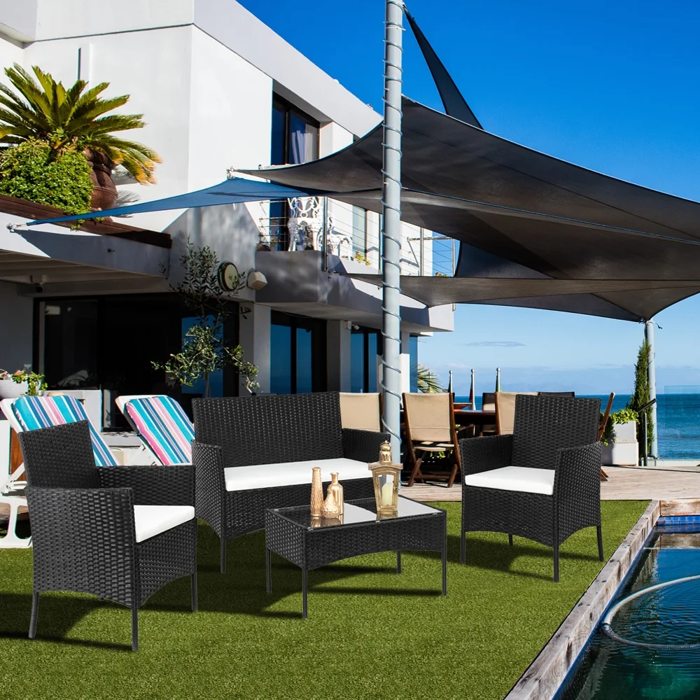 BAYUELSWU 4-Piece Rattan Patio Set, Outdoor/Indoor Wicker Conversation Set for Pool, Backyard, Lawn, Wicker Chairs and Sofa with Soft Cushion, Rattan Furniture with Tempered Glass Coffee Table（Black）