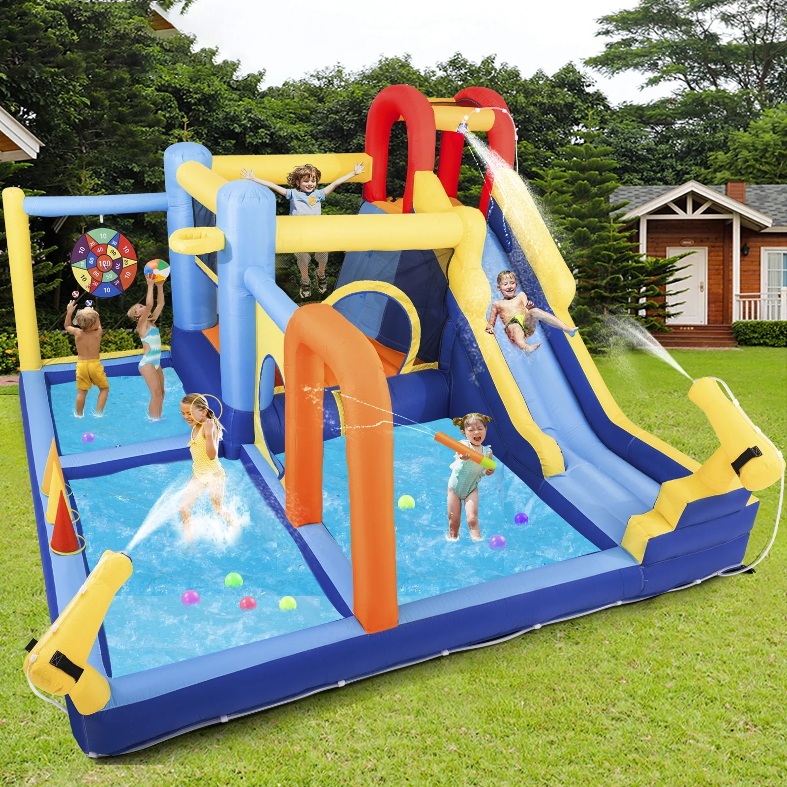 JOYLDIAS Inflatable Water Slide Bouncer Castle Kids Playhouse with Splash Pool, Climbing Wall, Trampoline, Felt Ball Target, Ring Toss Game, 550W Air Blower