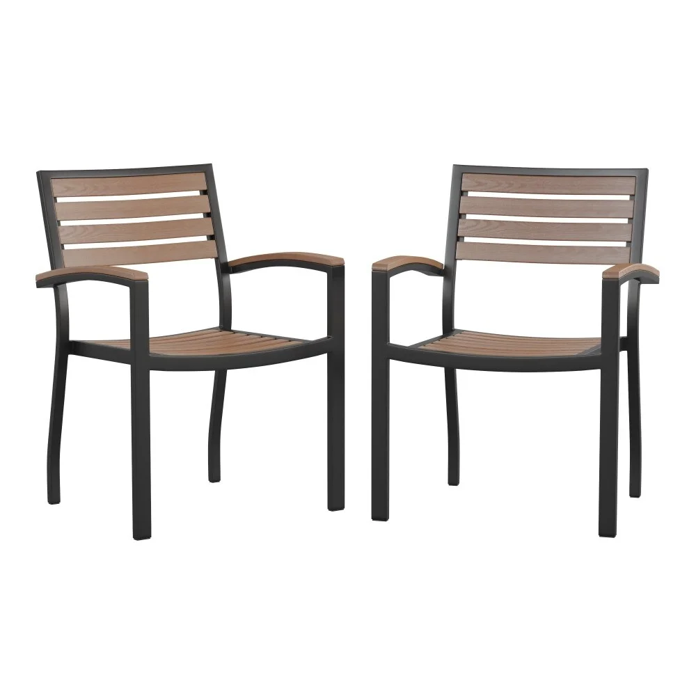 Lancaster Home Set of 2 Stackable All-Weather Aluminum Patio Chairs with Faux Teak Slats Teak