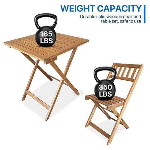 3 Piece Bistro Set Folsing Patio Set Acacia Wood Outdoor Furniture for Backyard, Balcony, Indoor Small Dining Set W/2 Chairs and Square Table, Natural Oiled