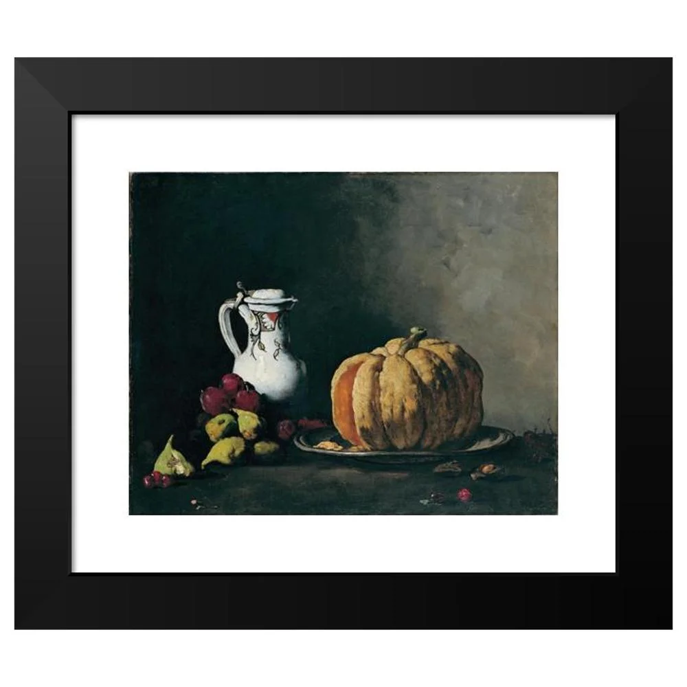 Théodule Ribot 24x20 Black Modern Framed Museum Art Print Titled - Still Life with Pumpkin, Plums, Cherries, Figs and Jug (C-1860)