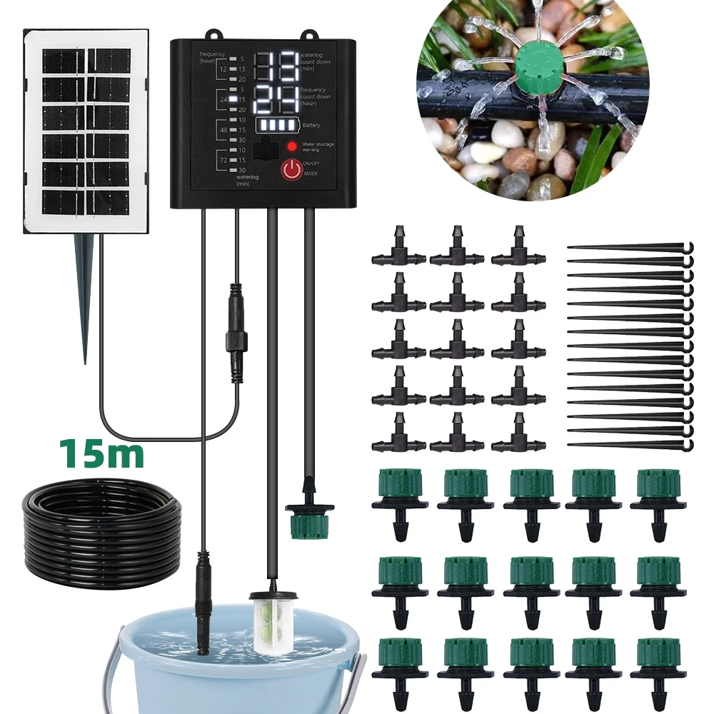 Drip Irrigation Kit,Solar Powered Indoor Automatic Watering System for Potted Plants(12 Timing Modes, Supported 10-15 Pots)