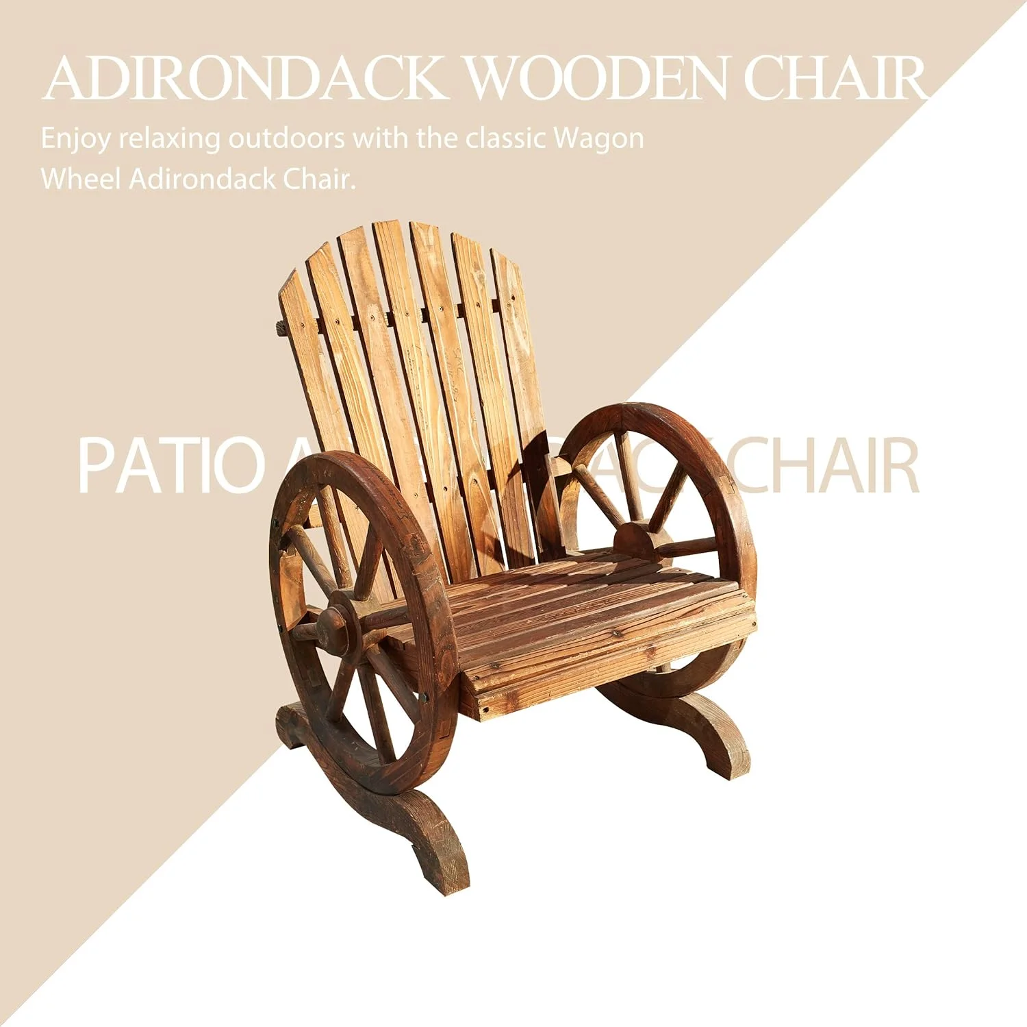 Wood Wagon Outdoor Adirondack Chair With Wheel Armrest For Patio, Garden, Country Yard, Wooden