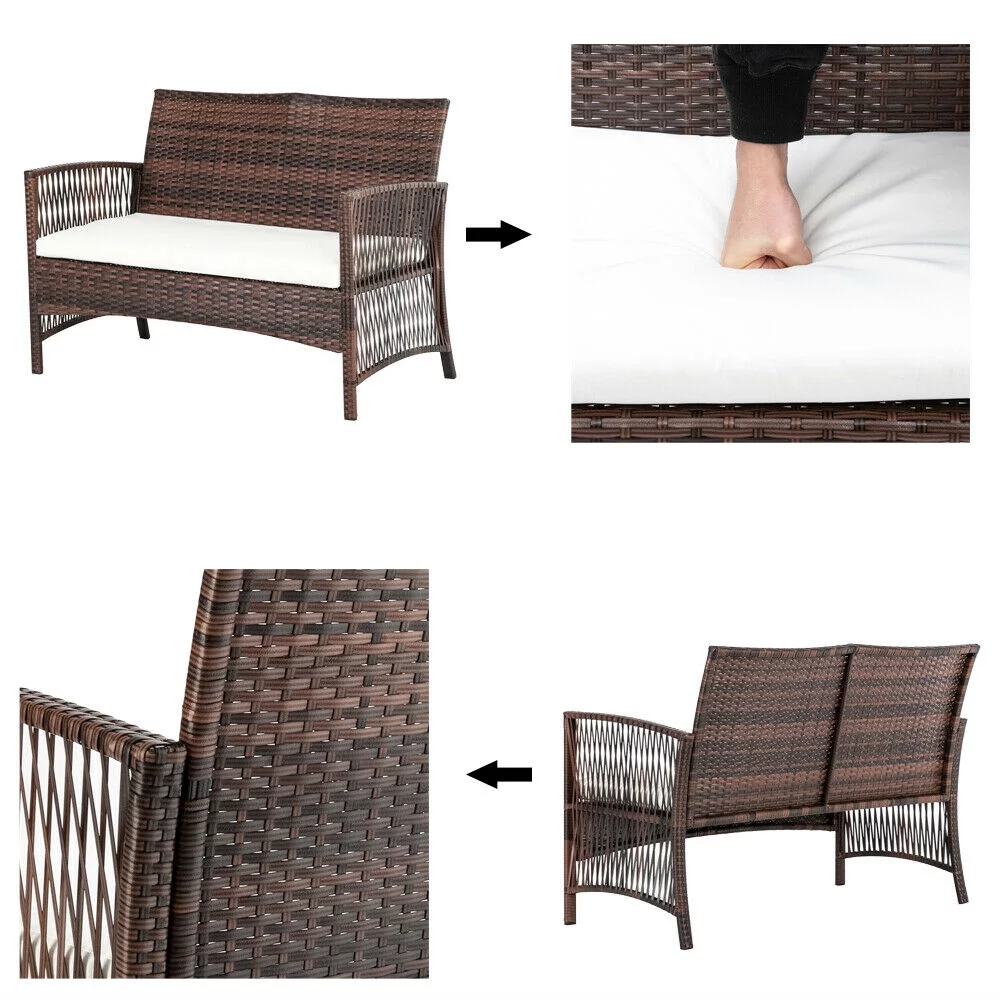 QHTT 4Pcs Garden Patio PE Rattan Set Single Chairs Seat & Coffee Table Loveseat Brown Gradient