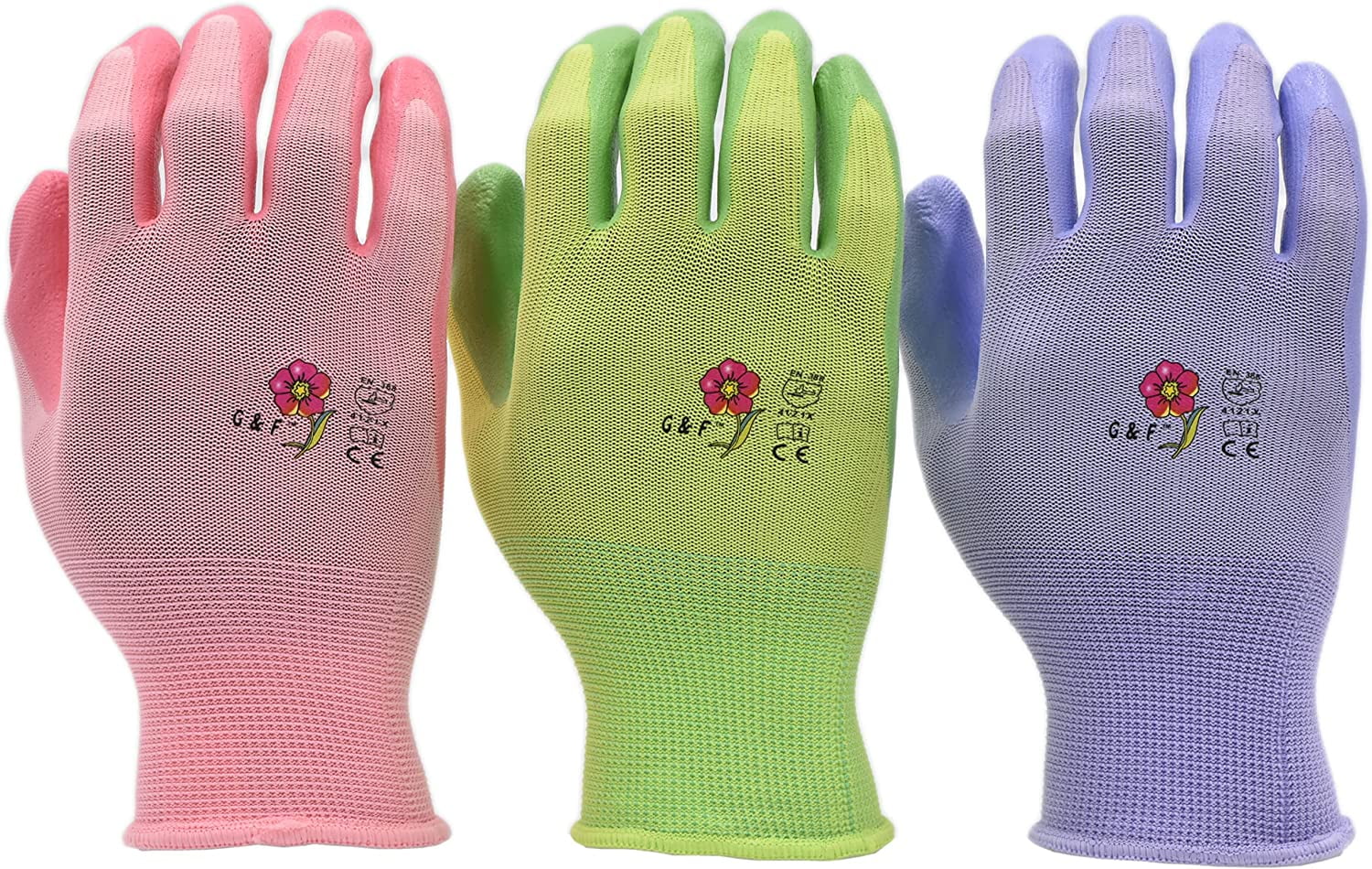 G & F Products Women's Gardening Gloves: Micro Foam Coating, Large 6 Pairs, 3 Assorted Multicolours