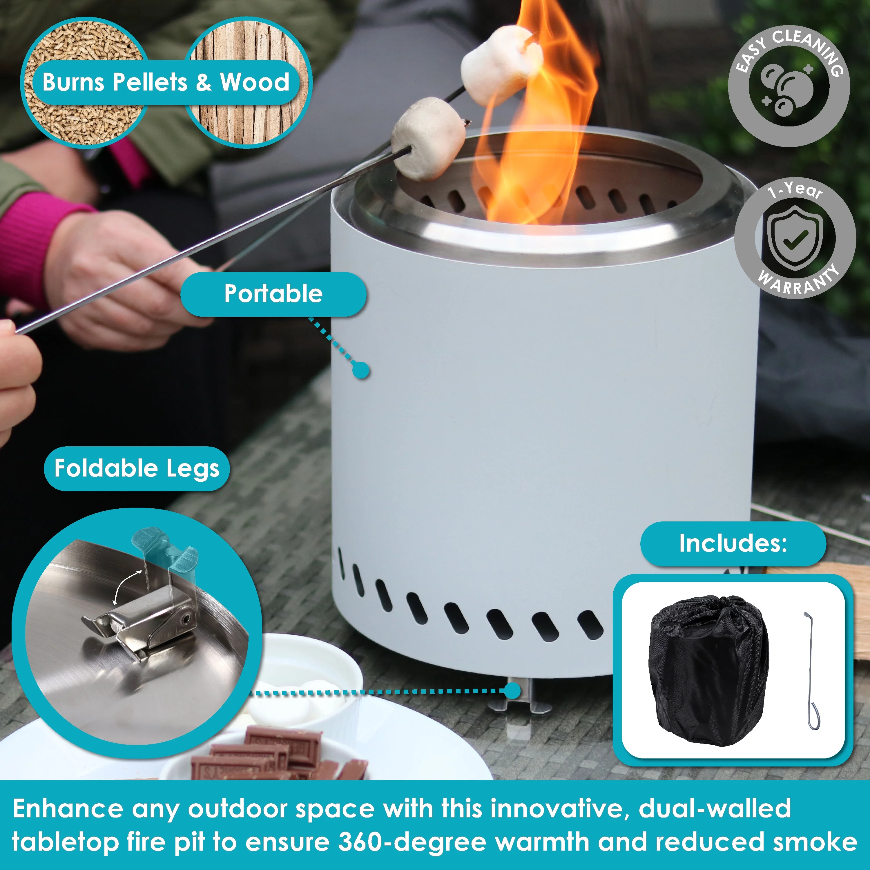 Sunnydaze Tabletop Smokeless Fire Pit with Travel Bag and Poker - White - 9.75
