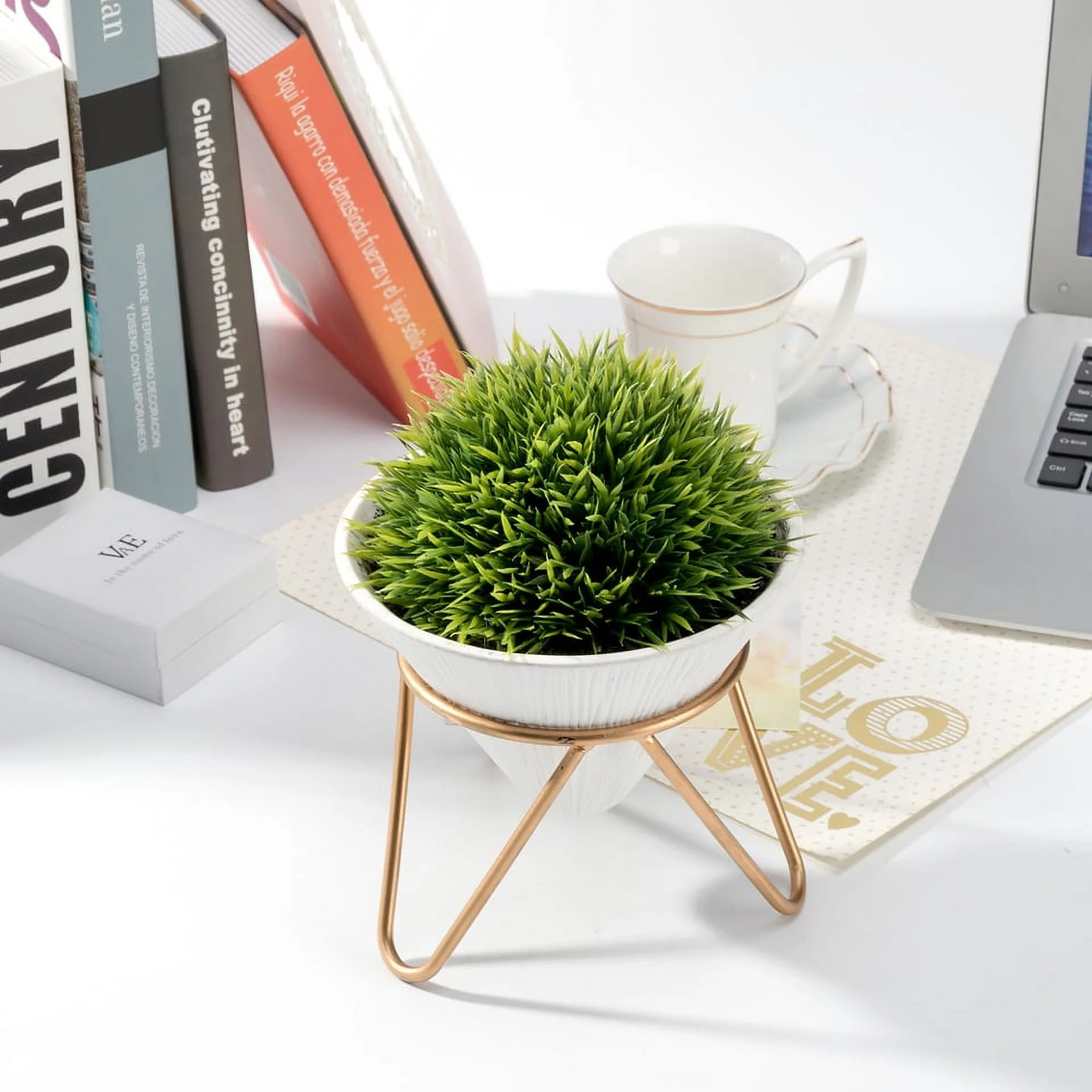K-Cliffs Modern Design Artificial Plant Potted in a Conical Shape White Ceramic Pot with a Removable Galvanized Brass Metal Rack…