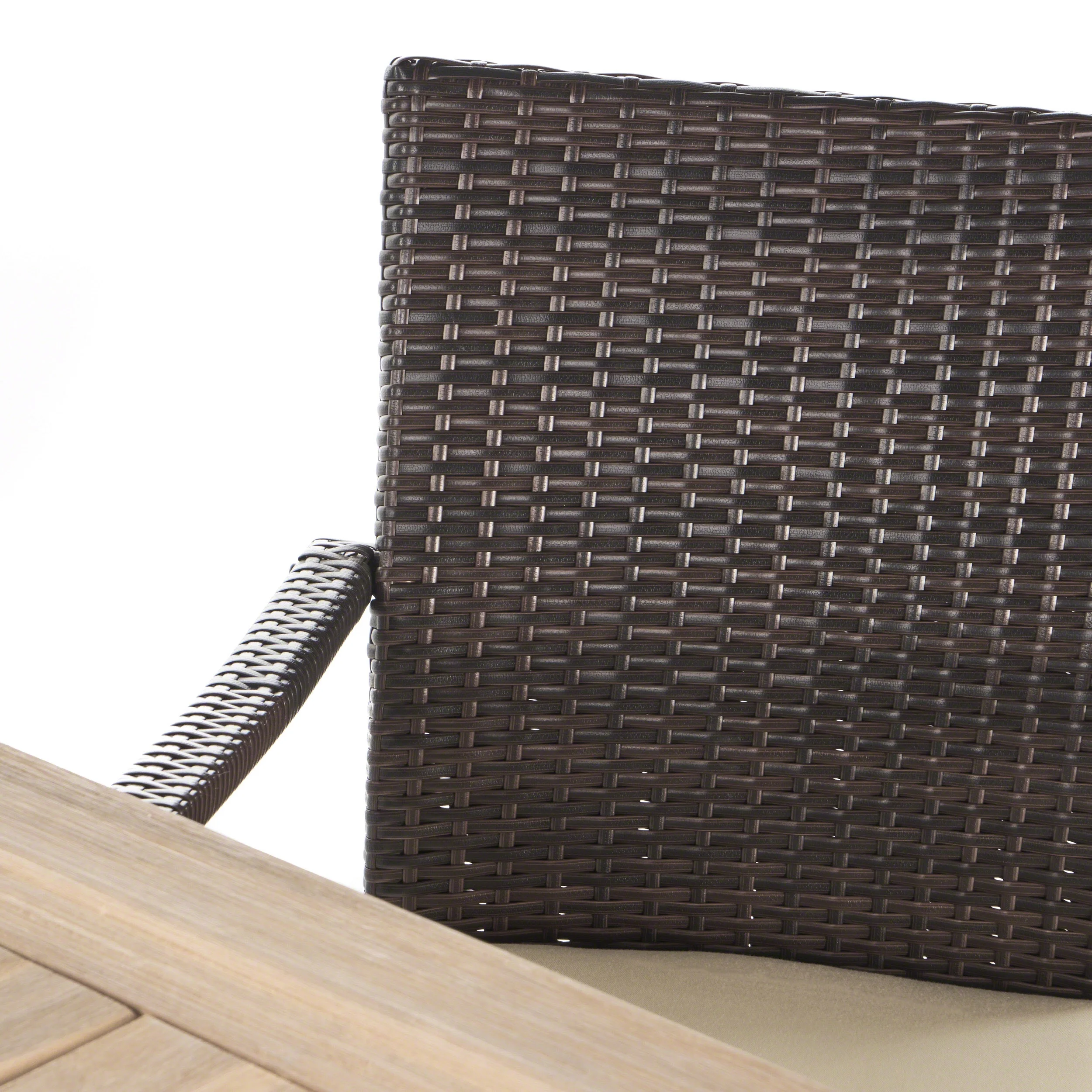 Damari Outdoor 6 Piece Acacia Wood Dining Set with Wicker Dining Chairs with Cushions, Brushed Grey, Brushed Mahogany, Brown, Crème