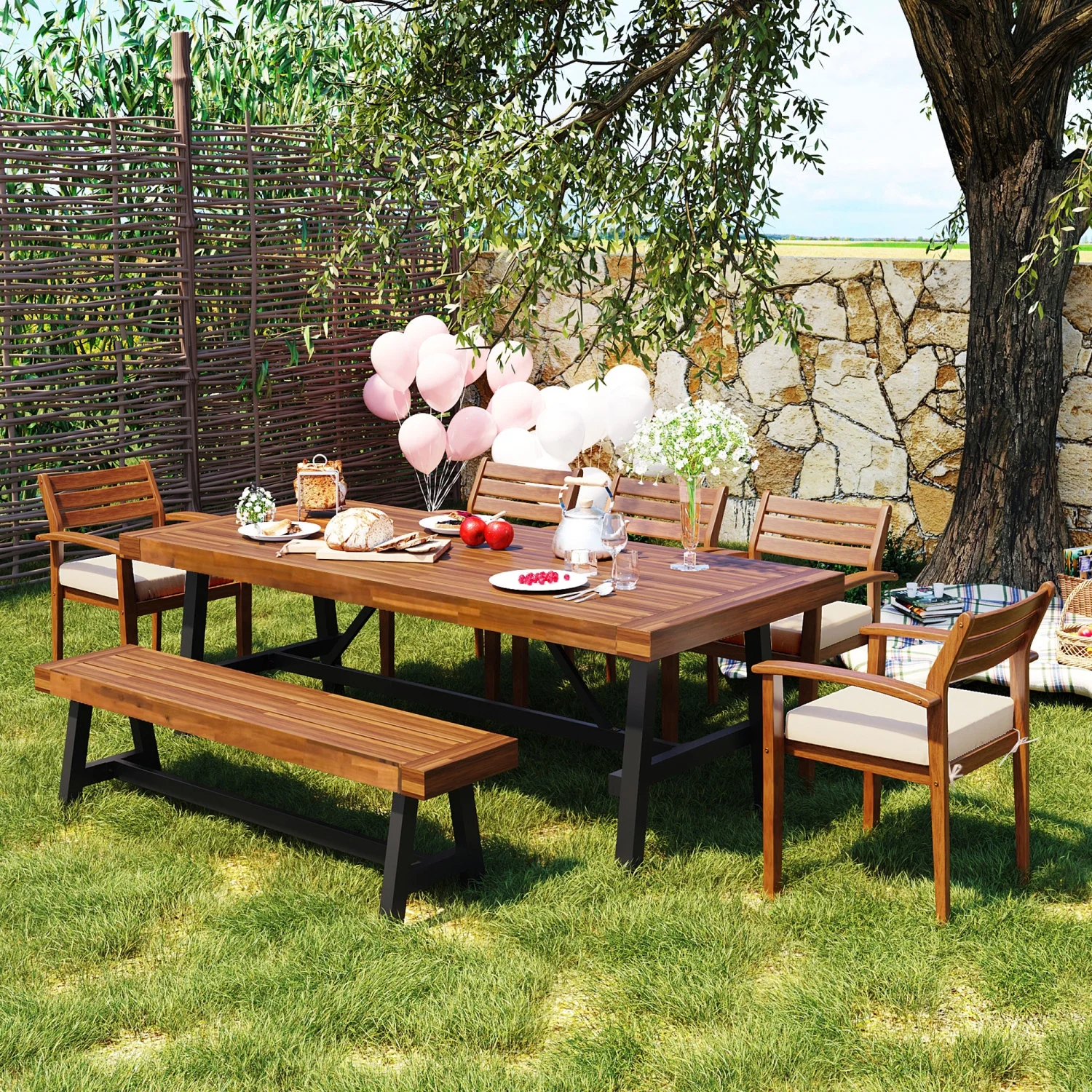 Ergonomic Outdoor Wood Dining Set for 7-8 Persons with Removable Cushions  Thicker Table  Nature-Inspired Furniture for Ultimate Comfort and Style Outdoor Dining Experience