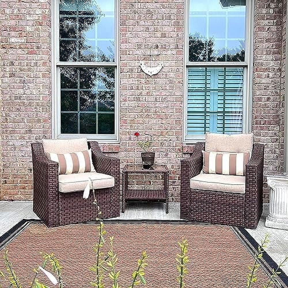 TJCGDTY 3-Piece Patio  Brown Rattan Outdoor   Patio Chairs with Glass-Top Coffee  & Seat Cushions  for Garden  Front Porch  Balcony