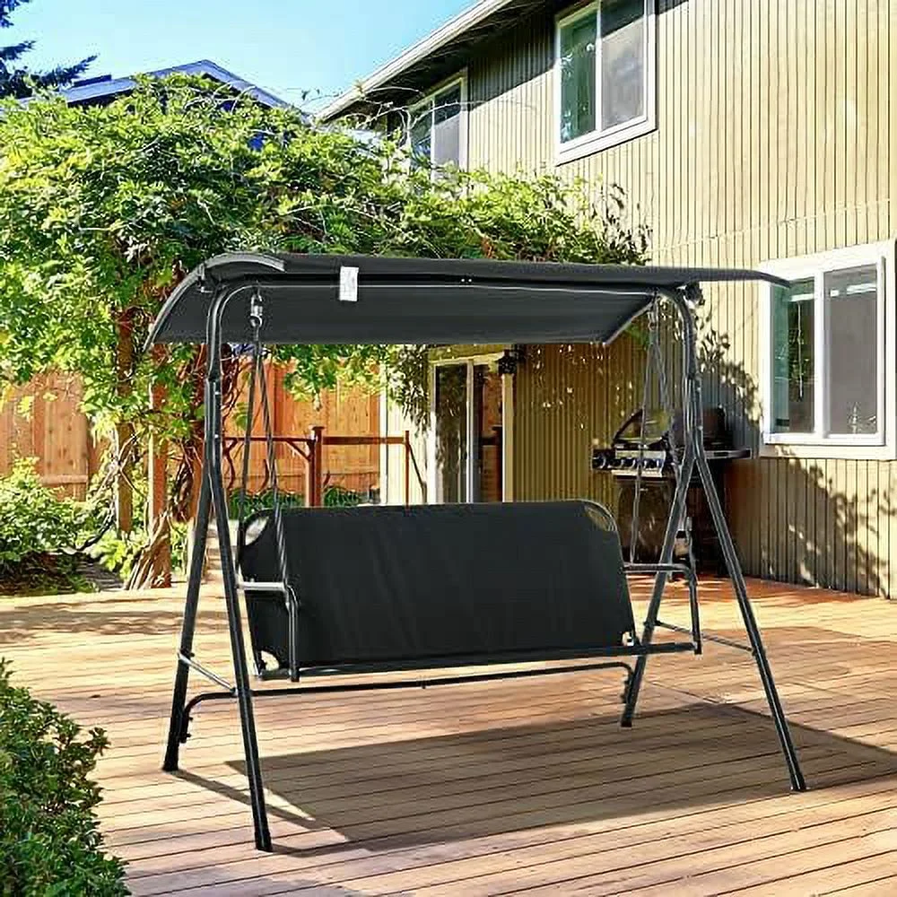Outdoor Patio Swing Chair, Seats 3 Adults, Includes Stand, Adjustable Sun Shade Canopy, Steel Frame, Shaded Bench, Black