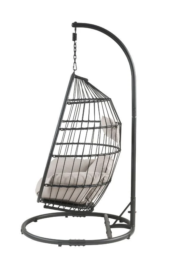 DremFaryoyo Oldi Patio Hanging Chair with Stand  Beige Fabric & Black Wicker 45115