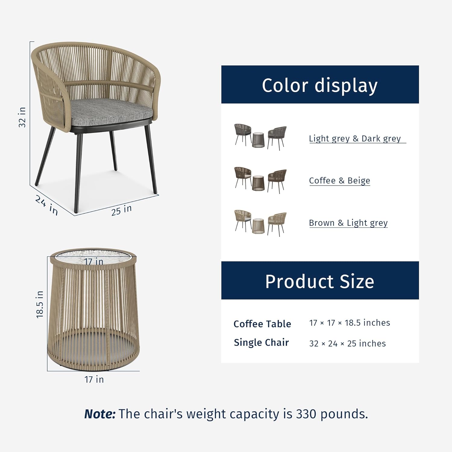 YANRUI 3-Piece Patio Bistro Set, Patio Conversation Bistro Set with 2 Wide Ergonomic Chairs, Cushions & Glass Top Side Table, Outdoor All-Weather Wicker Furniture for Porch, Backyard, Brown & Grey