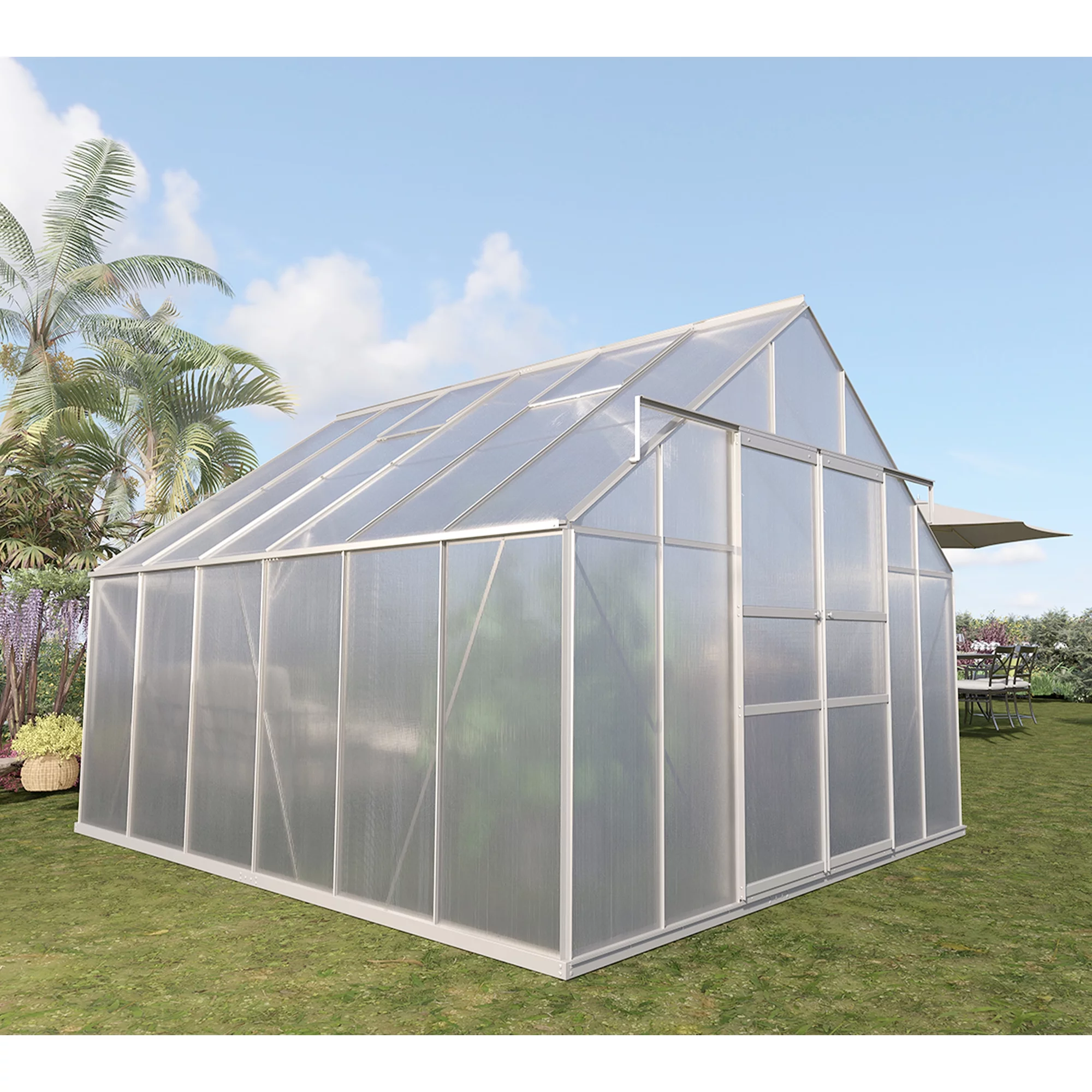 Chery Industrial 10' W x 12' D Walk-in Polycarbonate Greenhouse with Roof Vent, Sliding Doors, Aluminum Hobby Hot House for Outdoor Garden Backyard
