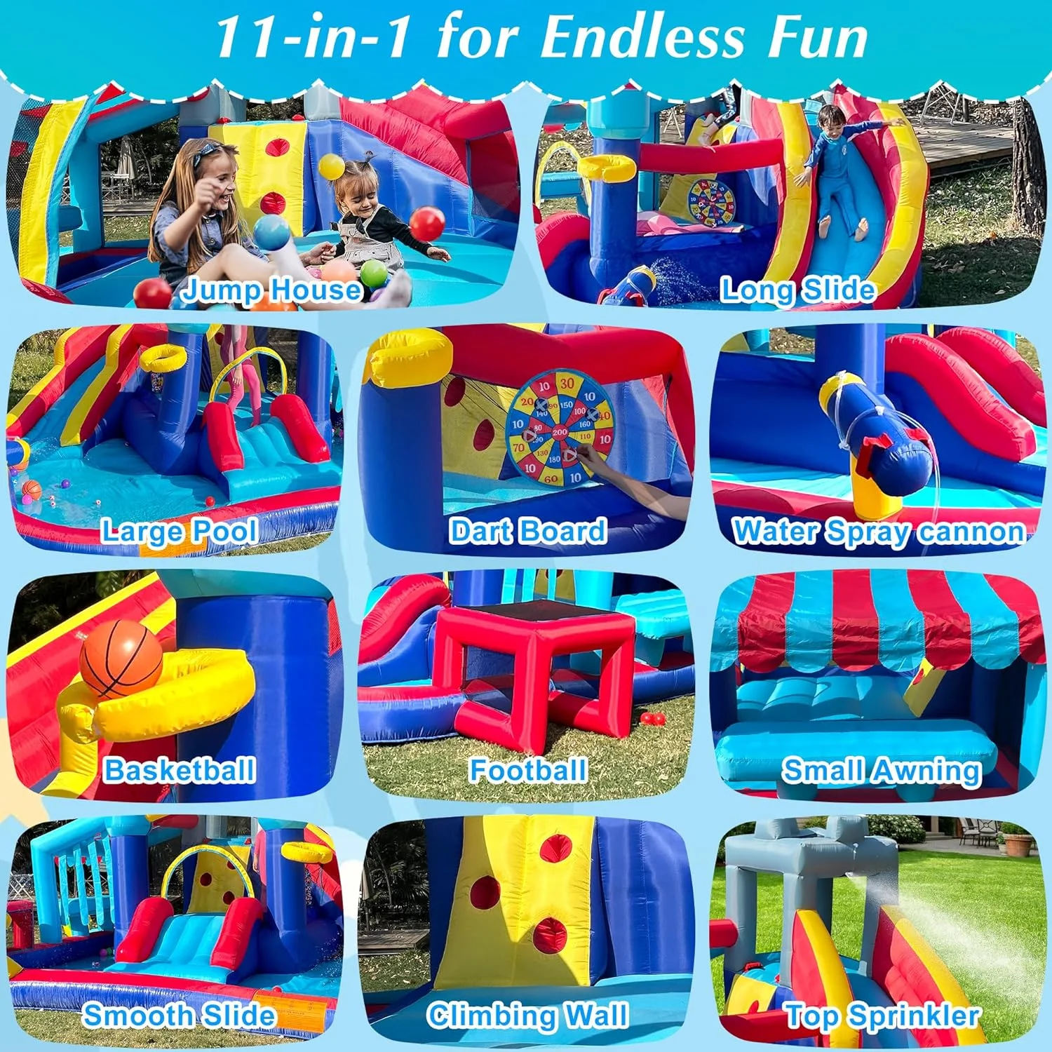 YOUB Inflatable Water Slide, 11 in 1 Inflatable Bounce House Double Slides with Water Cannon, Splash Pool, and Climbing Wall, Blow Up Water Slide Park Bouncy Castle with Air Blower for Backyard Kid